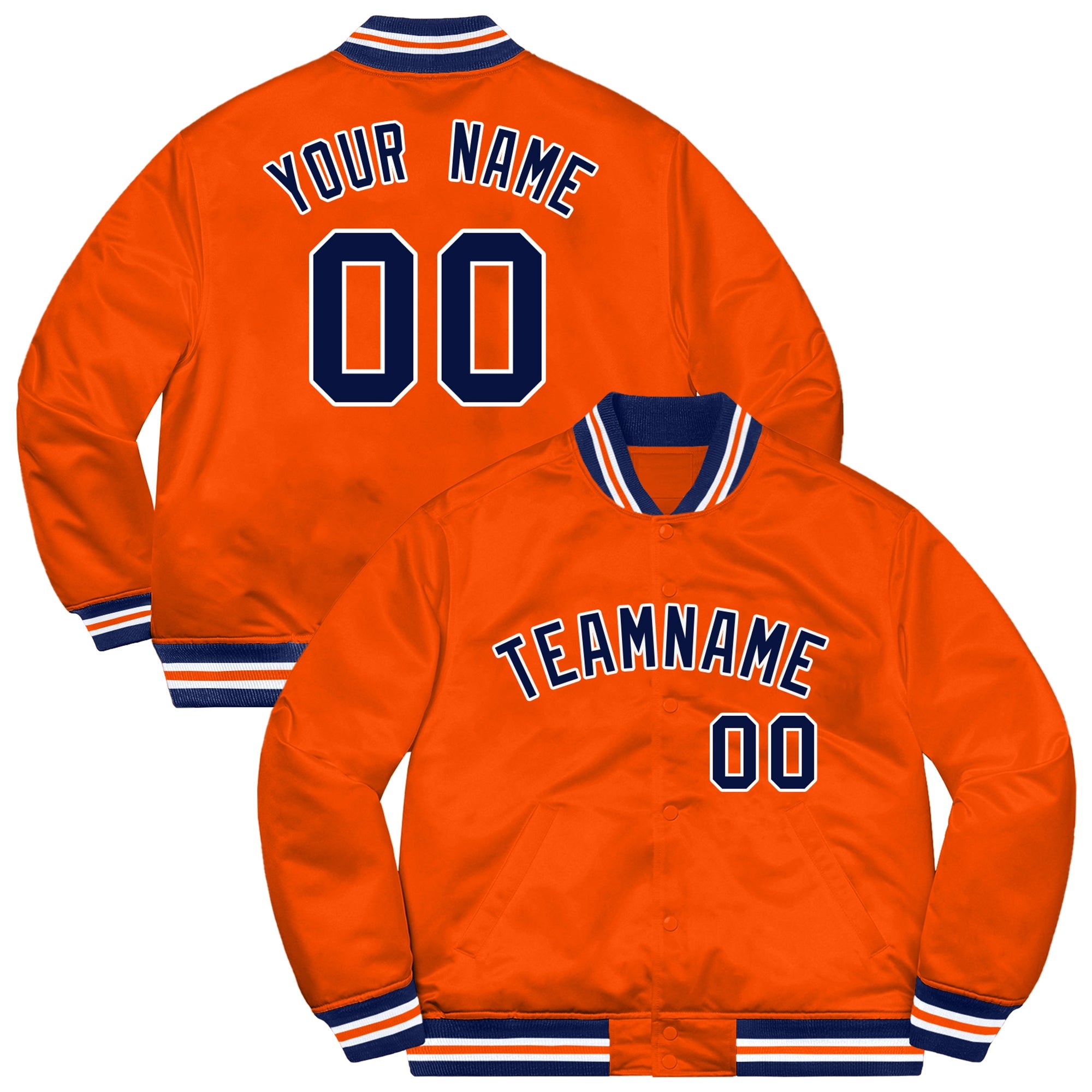 Custom Orange Navy-White Letterman Solider Classic Style Varsity Full-Snap Jacket