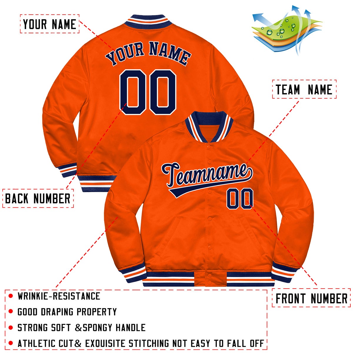 Custom Orange Navy-White Letterman Solider Classic Style Varsity Full-Snap Jacket