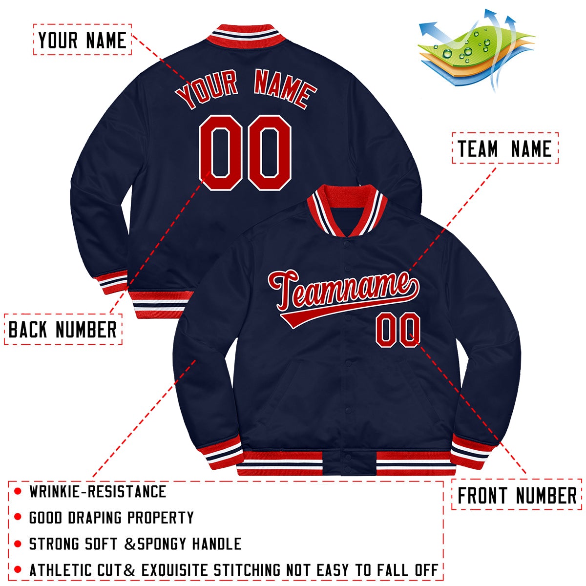 Custom Navy Red-White Letterman Solider Classic Style Varsity Full-Snap Jacket