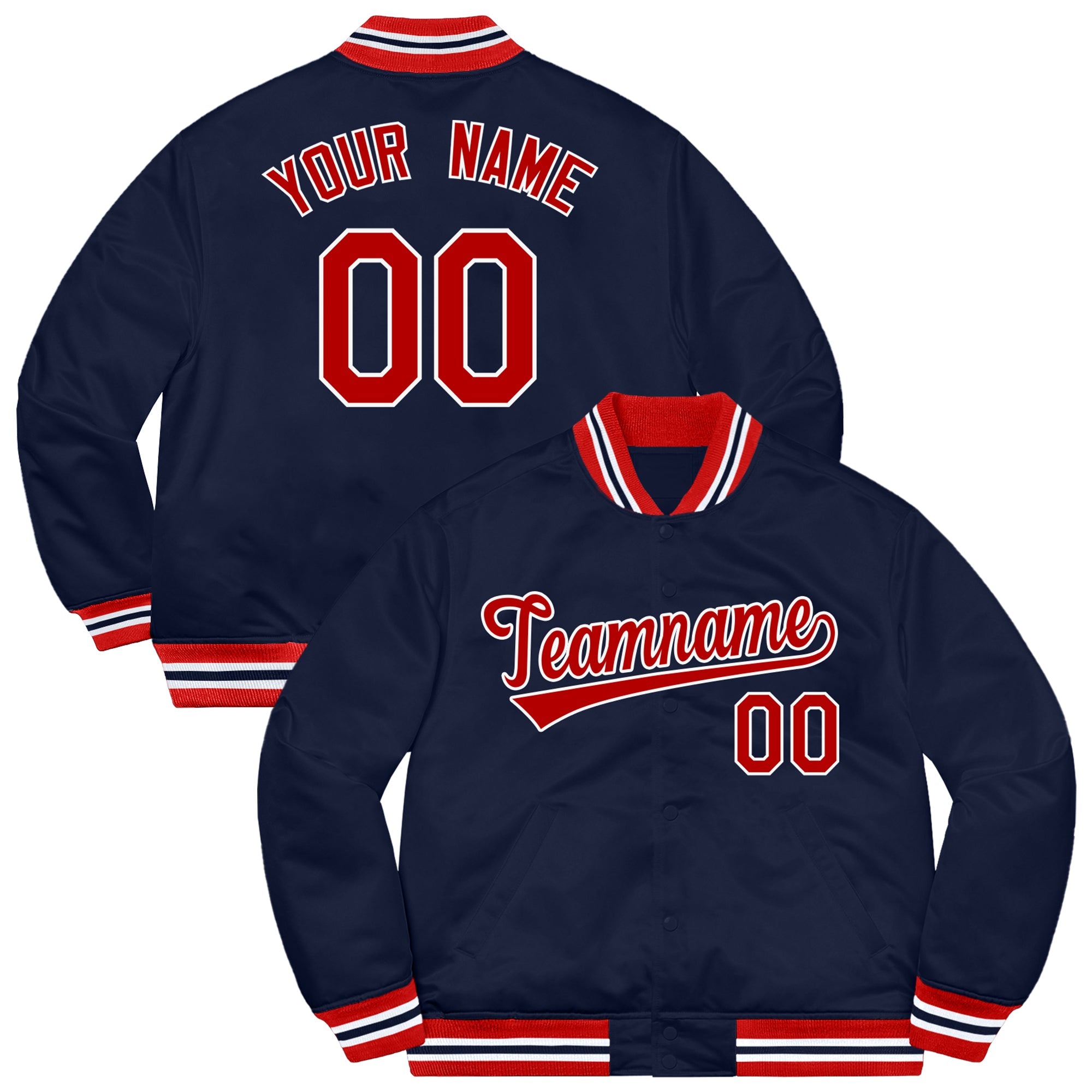 Custom Navy Red-White Letterman Solider Classic Style Varsity Full-Snap Jacket