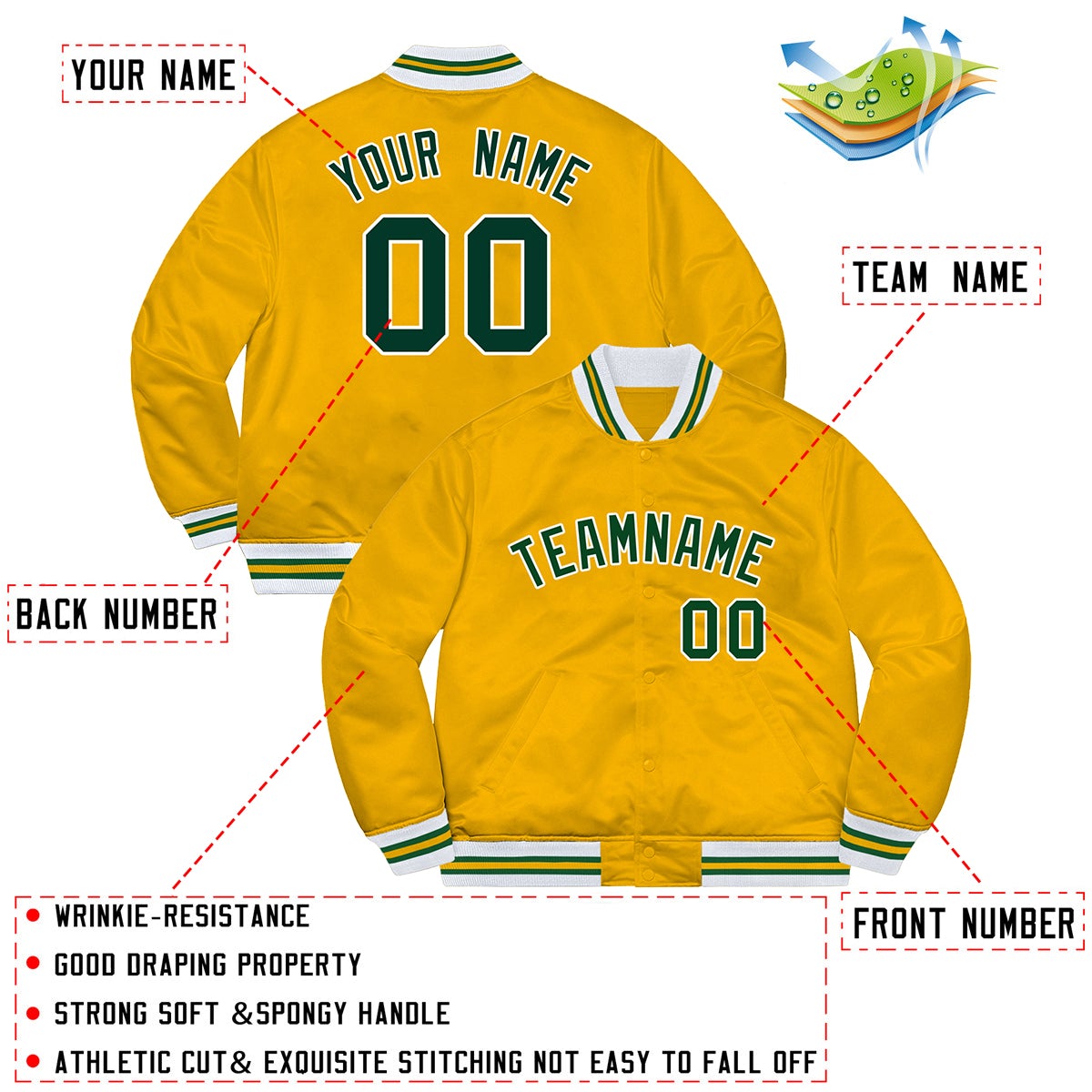 Custom Gold Green-White Letterman Solider Classic Style Varsity Full-Snap Jacket