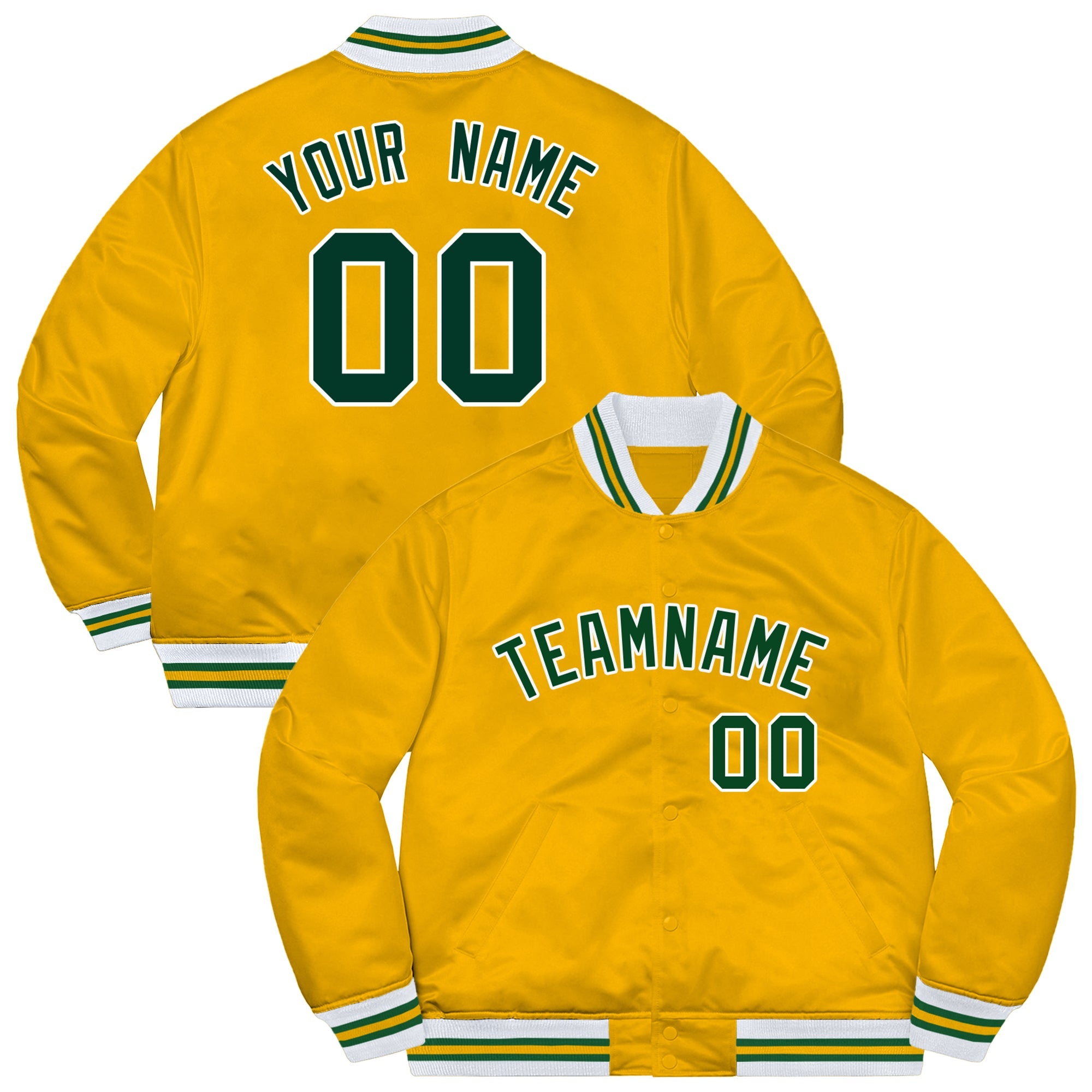 Custom Gold Green-White Letterman Solider Classic Style Varsity Full-Snap Jacket