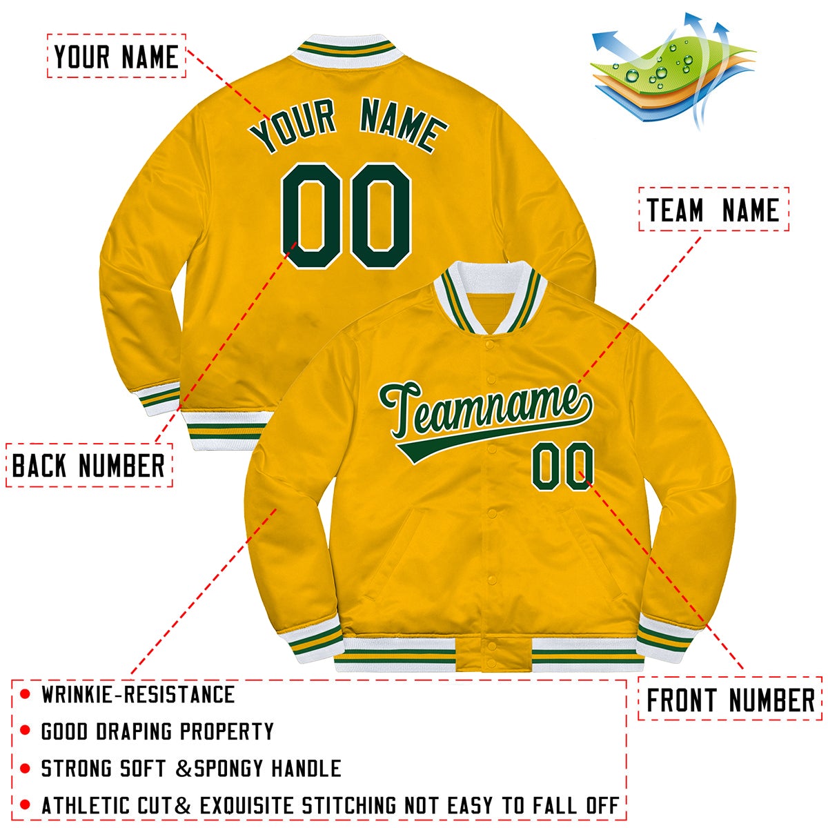 Custom Gold Green-White Letterman Solider Classic Style Varsity Full-Snap Jacket