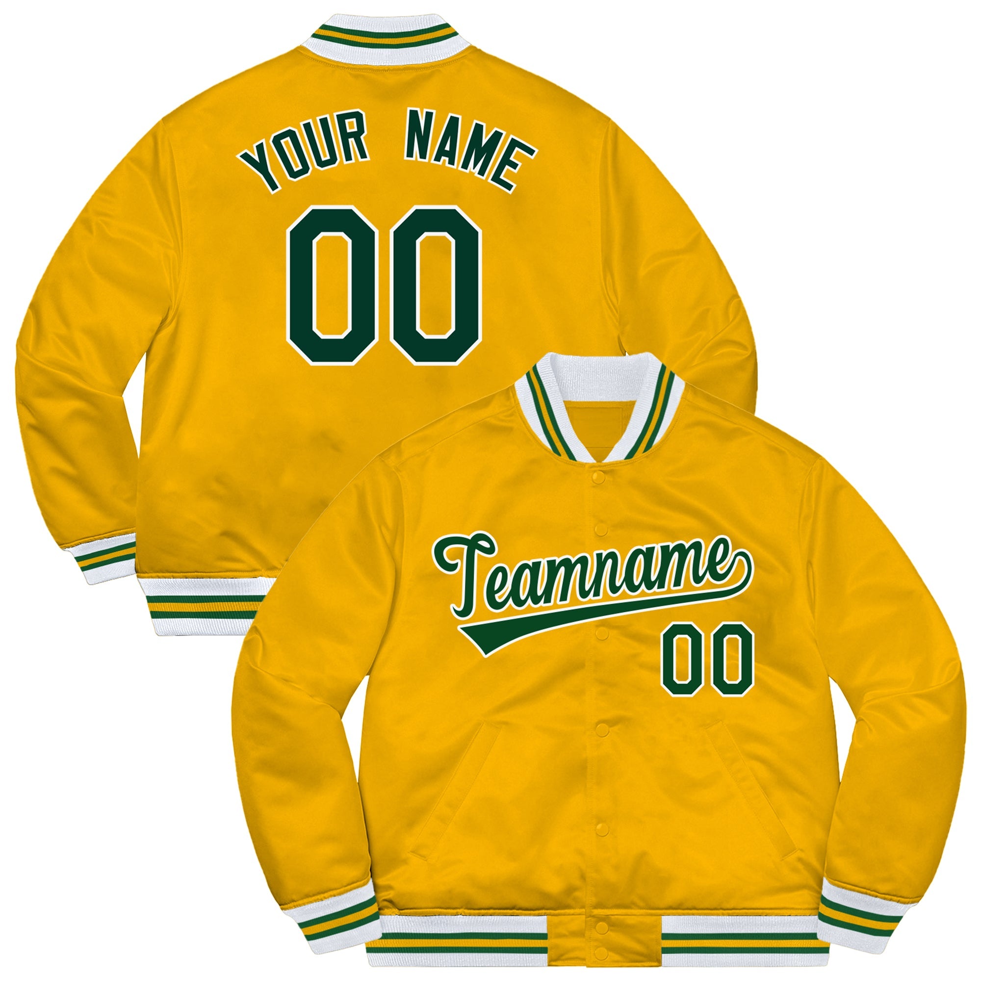 Custom Gold Green-White Letterman Solider Classic Style Varsity Full-Snap Jacket