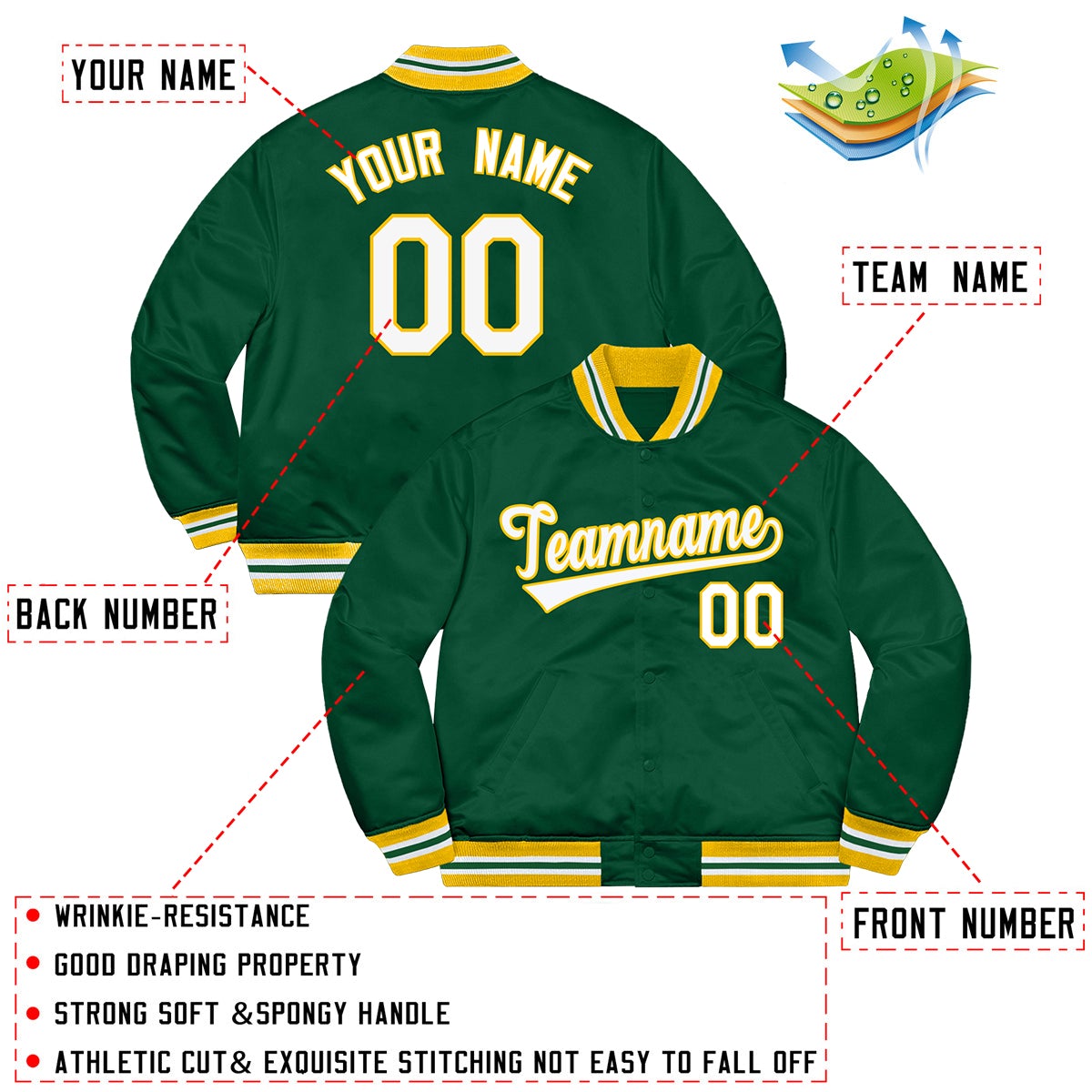 Custom Green White-Gold Letterman Solider Classic Style Varsity Full-Snap Jacket