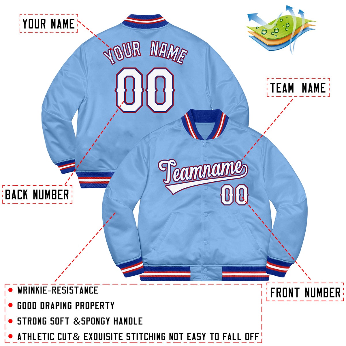 Custom Light Blue White-Red Letterman Solider Classic Style Varsity Full-Snap Jacket