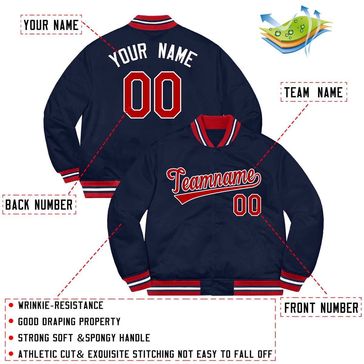 Custom Navy Red-White Letterman Solider Classic Style Varsity Full-Snap Jacket