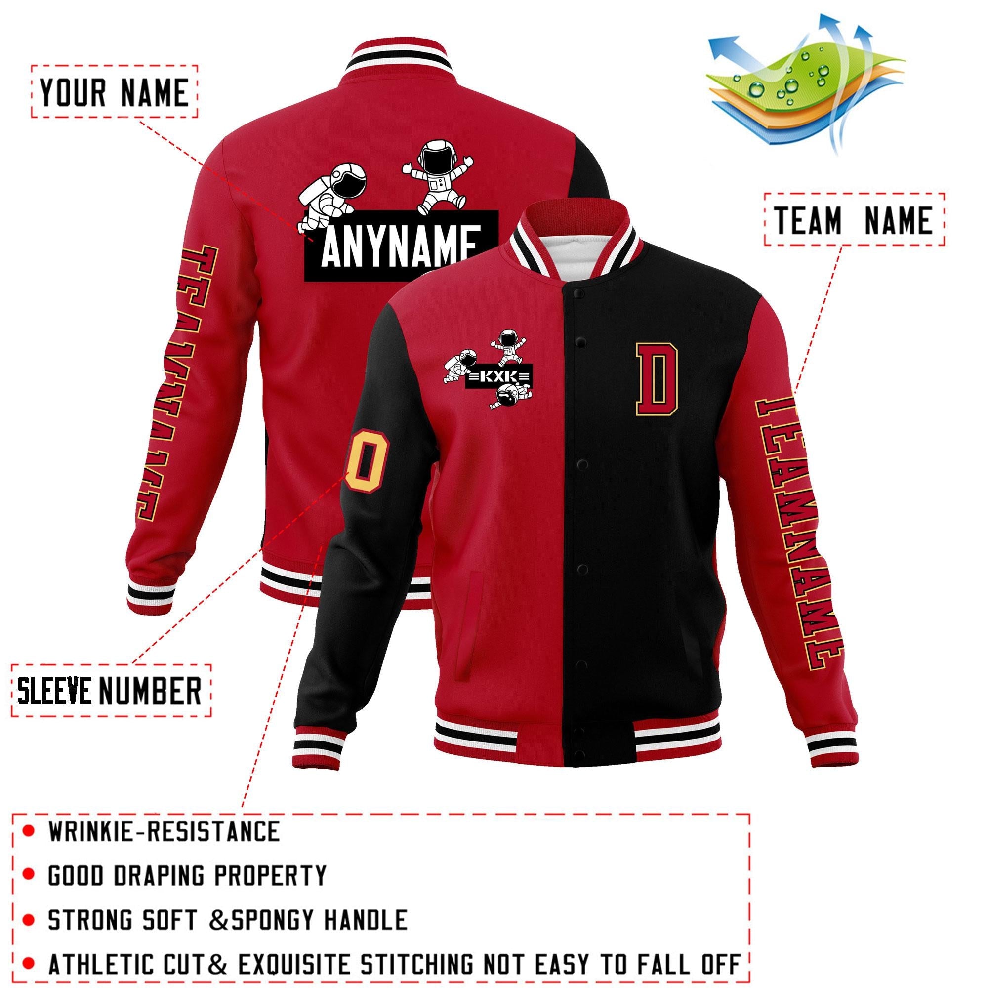 Custom Red Black Two Tone Split Fashion Varsity Letterman Jacket with Raglan Sleeves