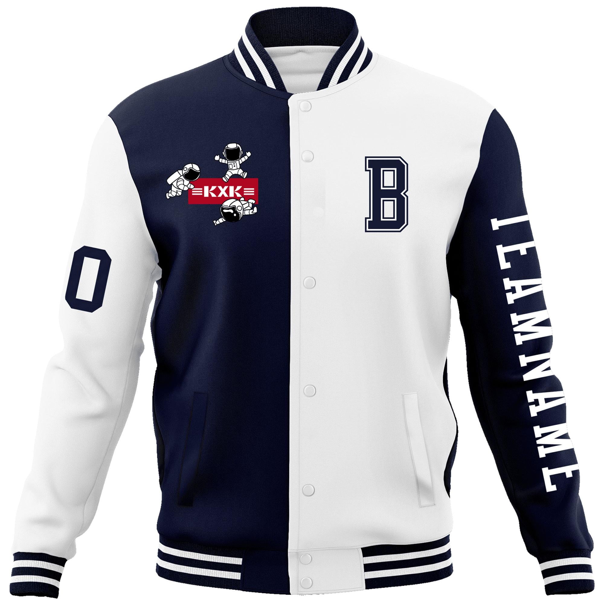 Custom Navy White Two Tone Split Fashion Varsity Letterman Jacket with Raglan Sleeves