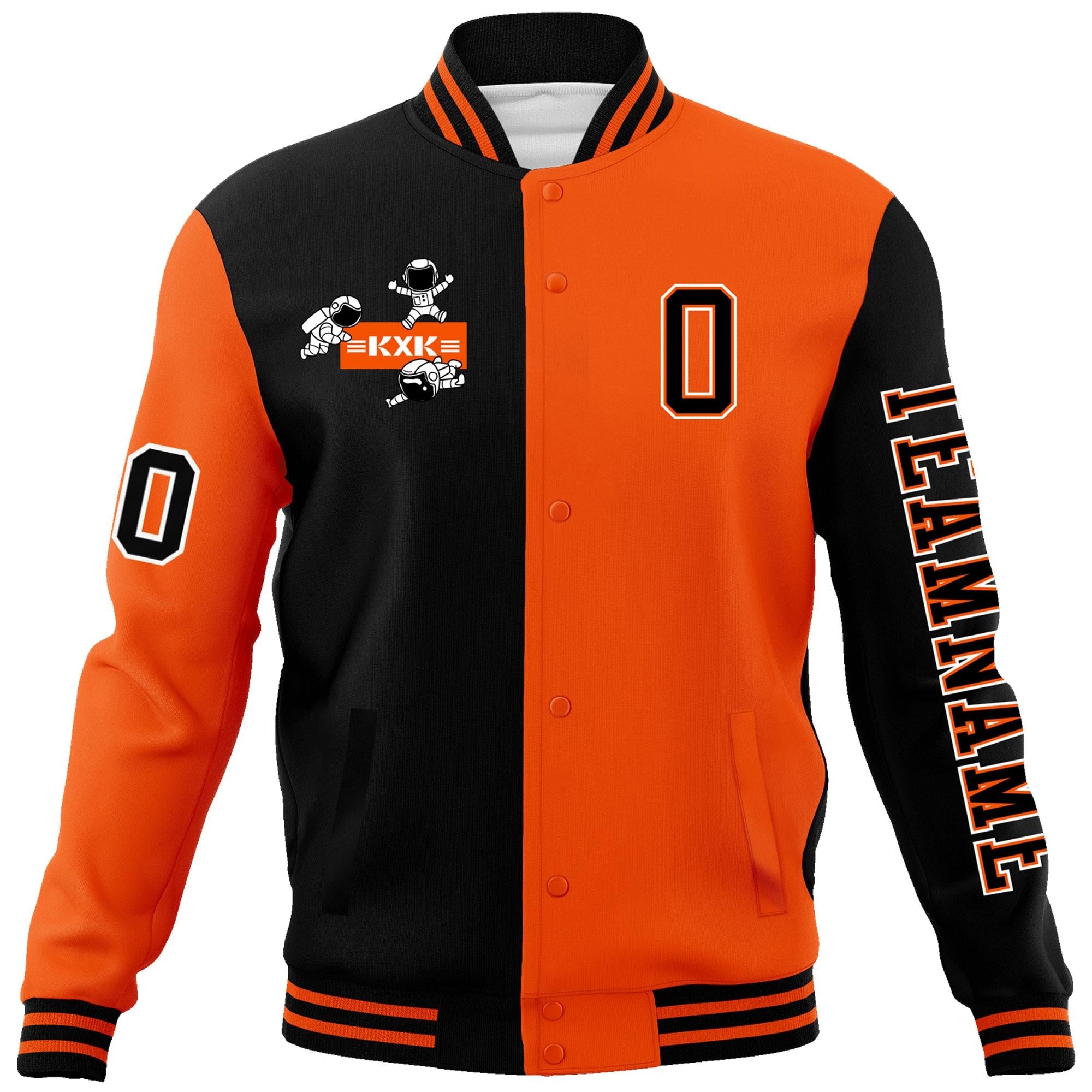 Custom Black Orange Two Tone Split Fashion Varsity Letterman Jacket with Raglan Sleeves