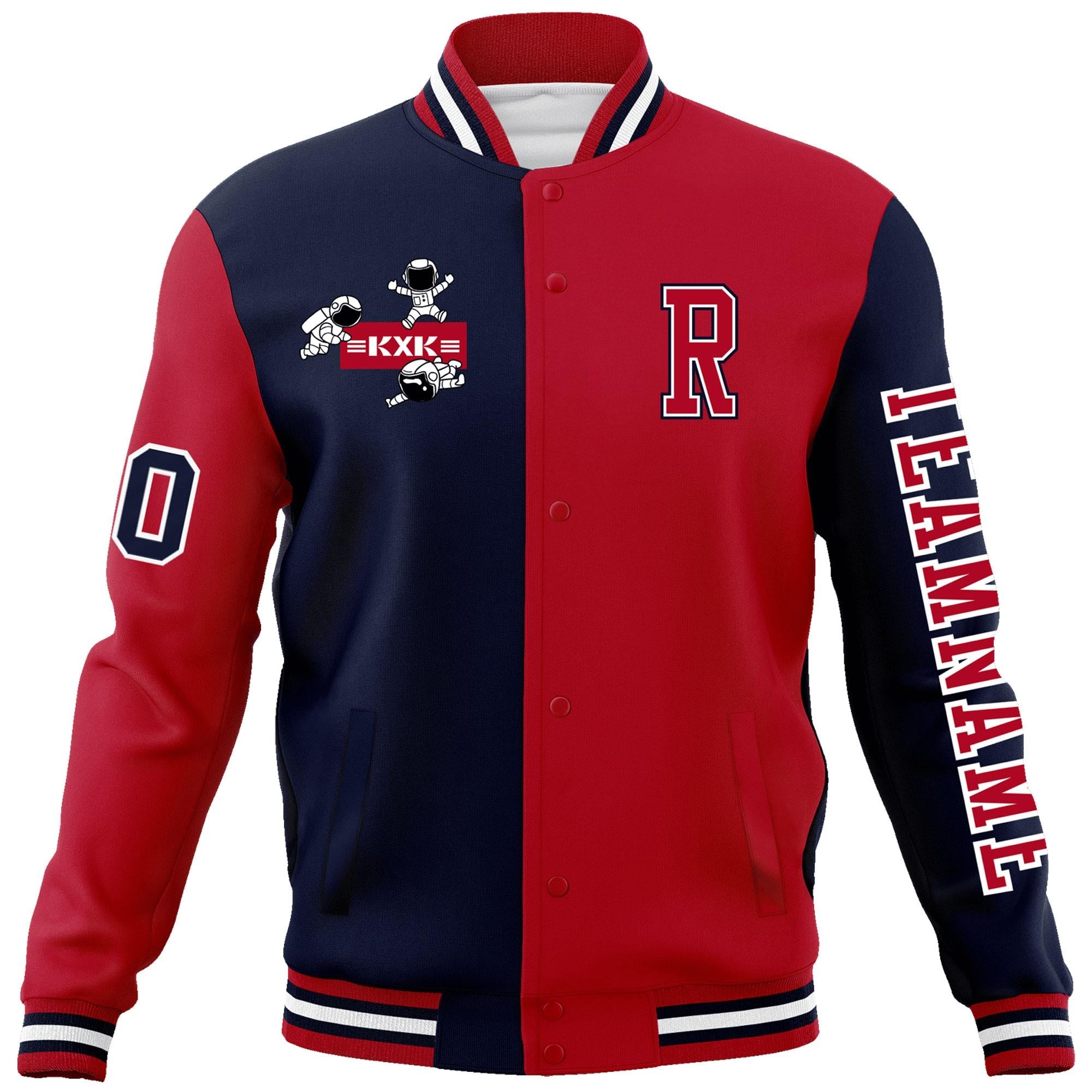 Custom Navy Red Two Tone Split Fashion Varsity Letterman Jacket with Raglan Sleeves