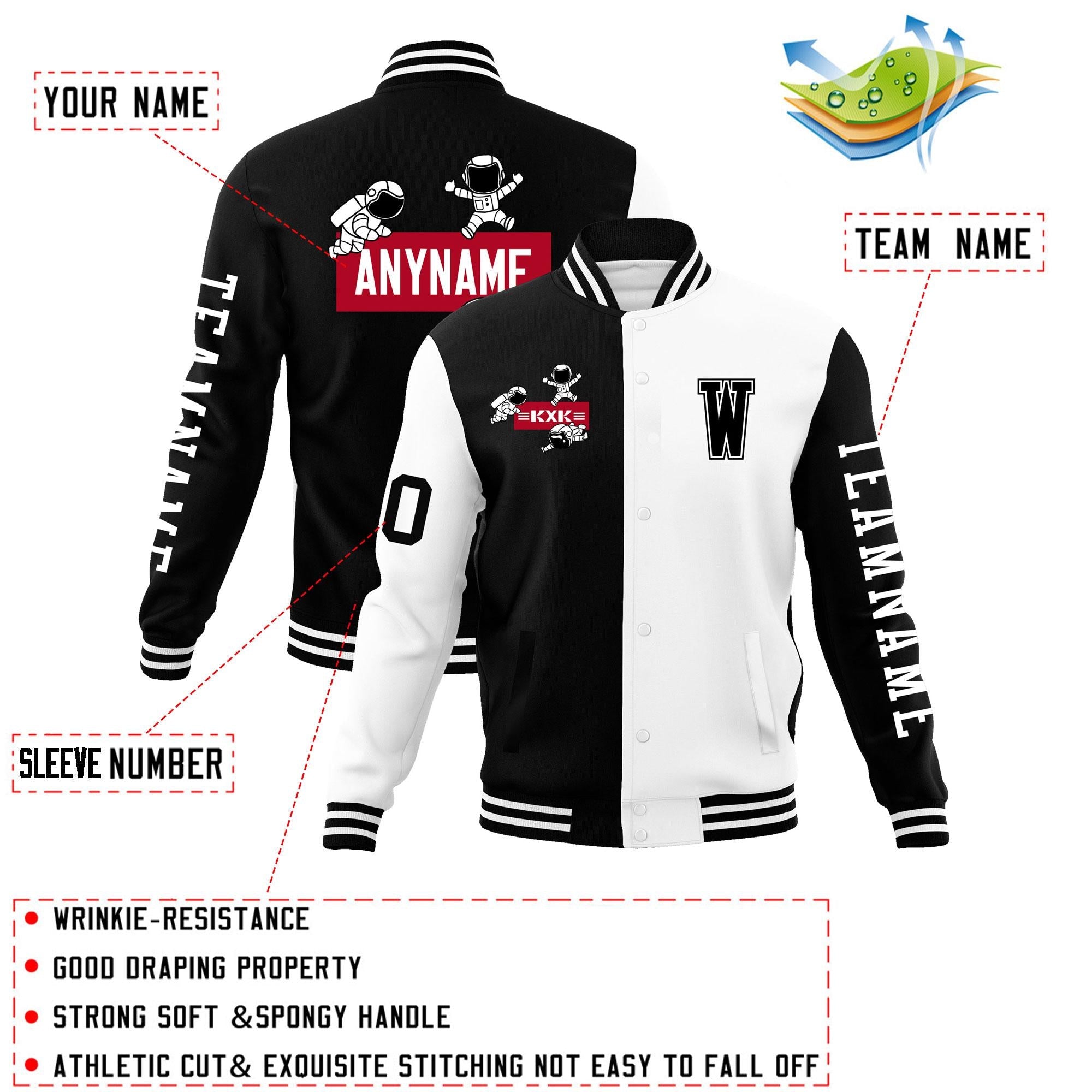 Custom Black White Two Tone Split Fashion Varsity Letterman Jacket with Raglan Sleeves