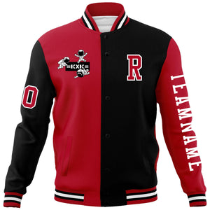 Custom Red Black Two Tone Split Fashion Varsity Letterman Jacket with Raglan Sleeves