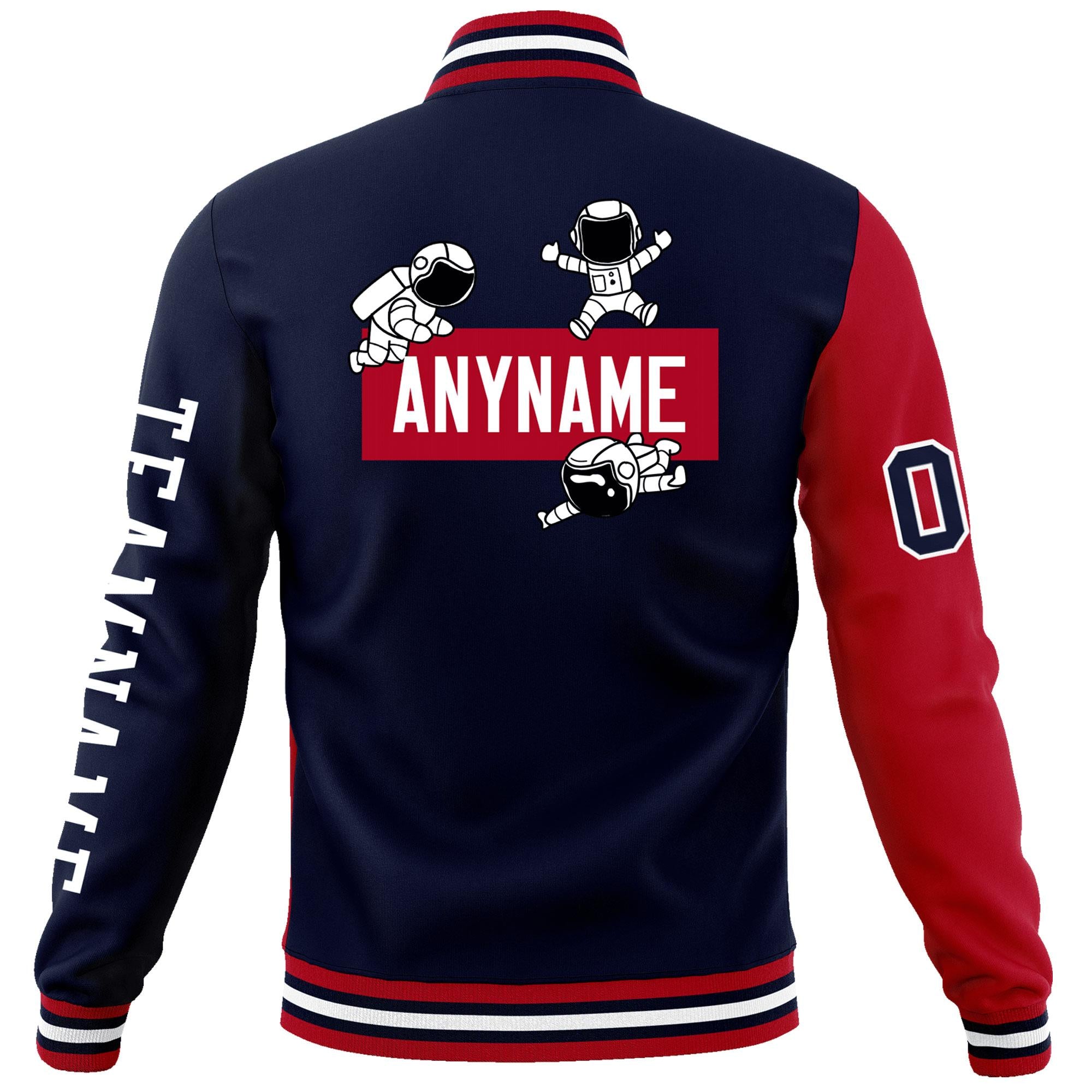 Custom Navy Red Two Tone Split Fashion Varsity Letterman Jacket with Raglan Sleeves