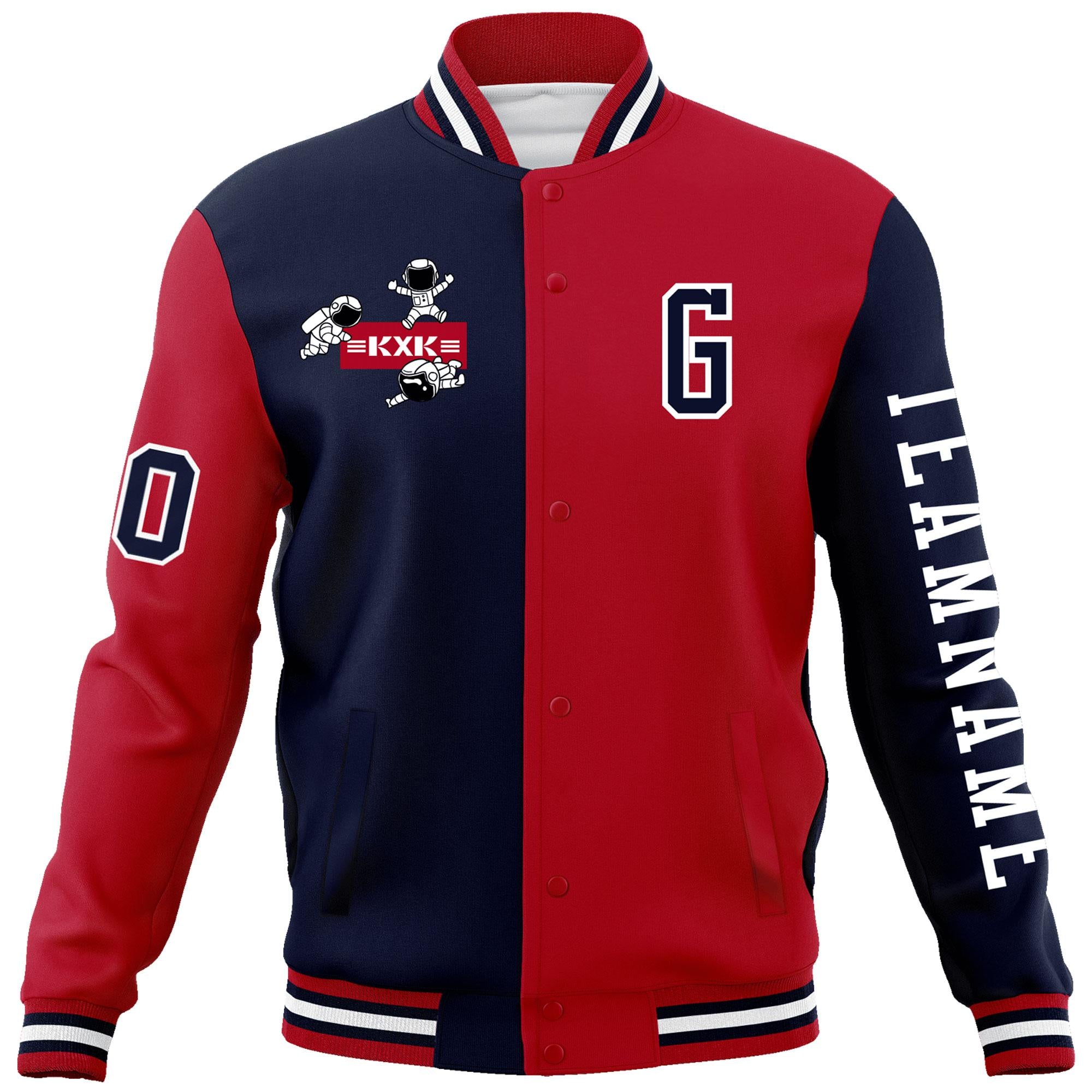 Custom Navy Red Two Tone Split Fashion Varsity Letterman Jacket with Raglan Sleeves