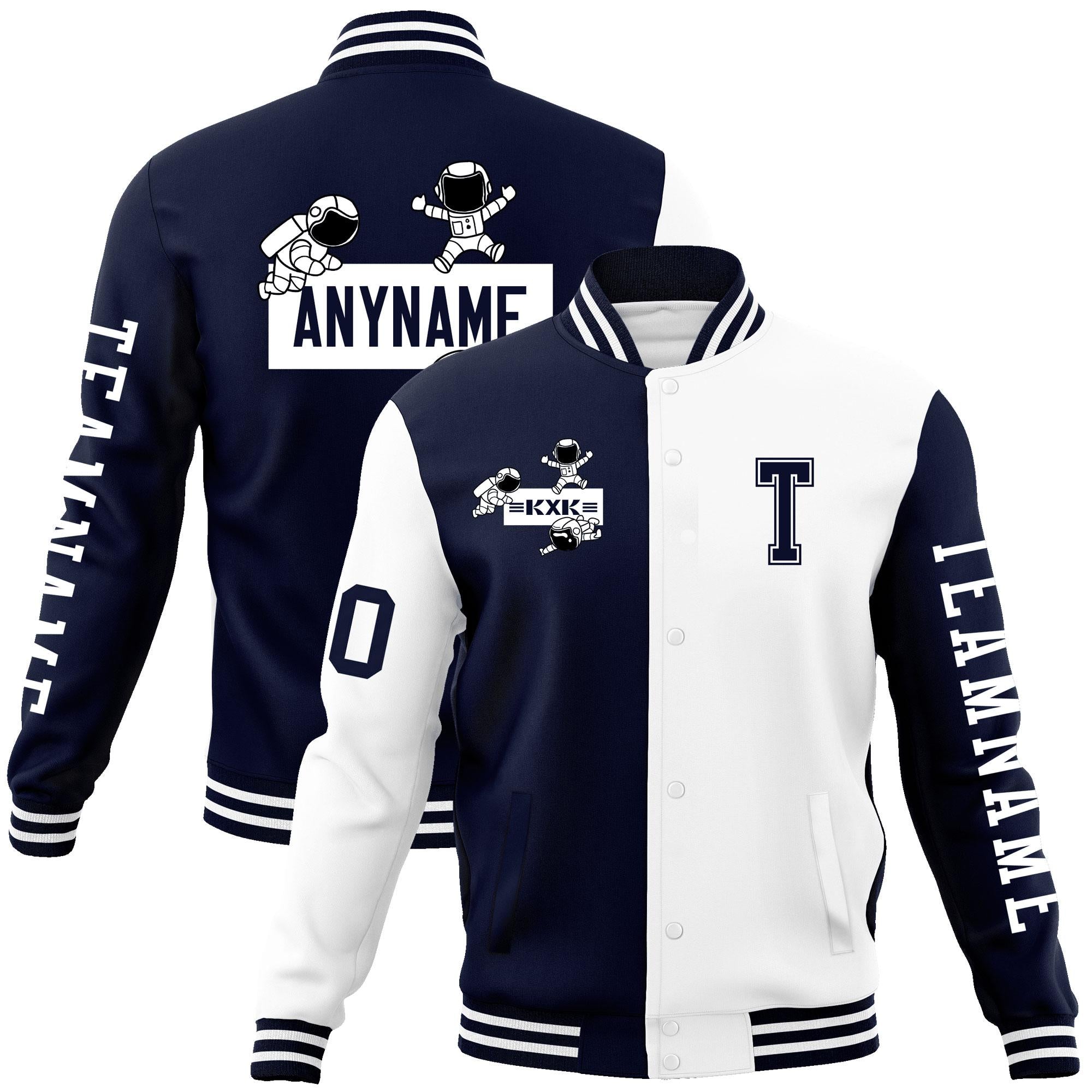 Custom Navy White Two Tone Split Fashion Varsity Letterman Jacket with Raglan Sleeves