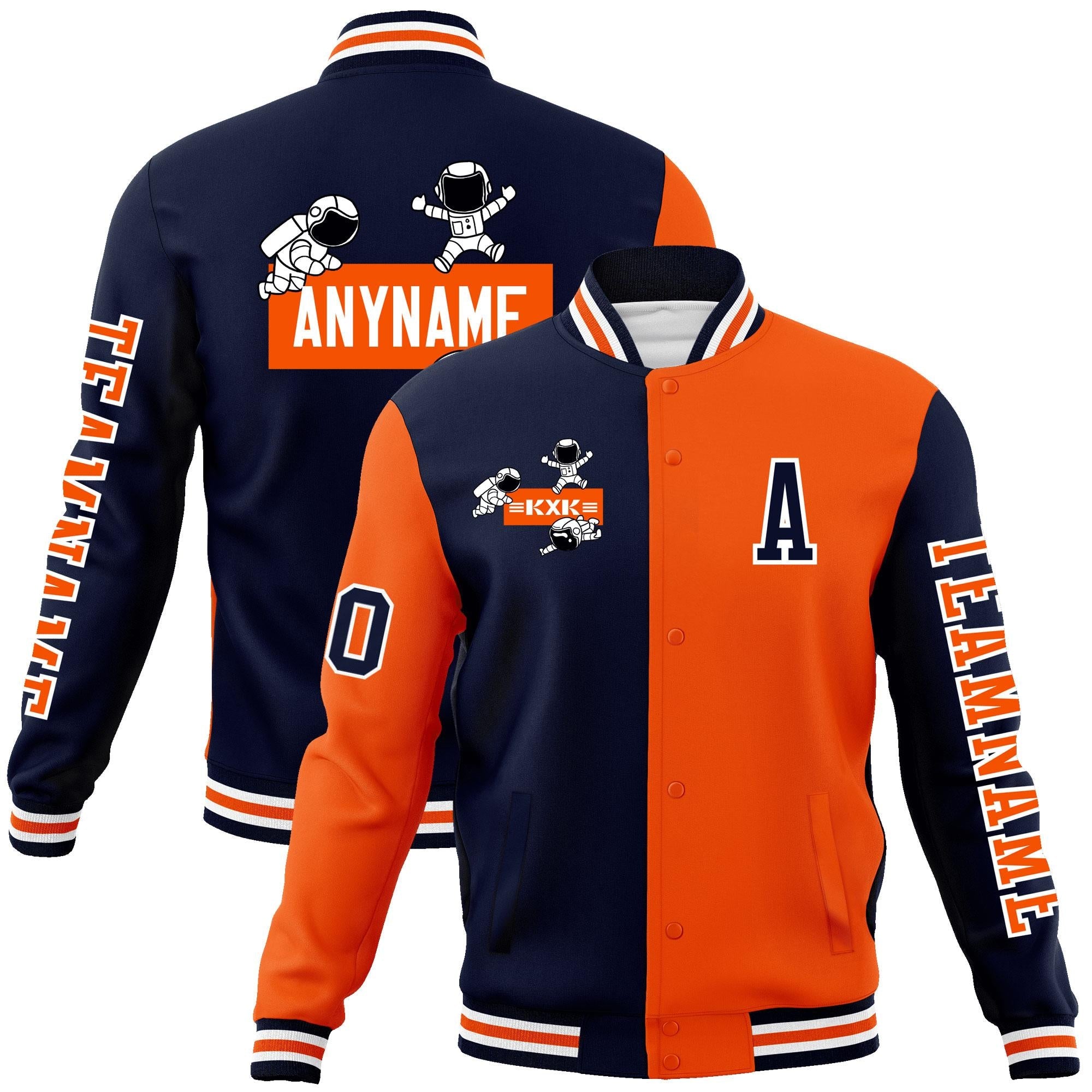 Custom Navy Orange Two Tone Split Fashion Varsity Letterman Jacket with Raglan Sleeves