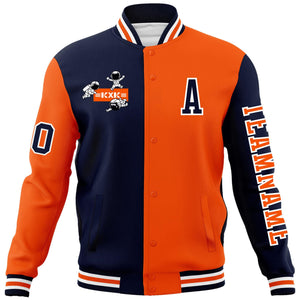 Custom Navy Orange Two Tone Split Fashion Varsity Letterman Jacket with Raglan Sleeves