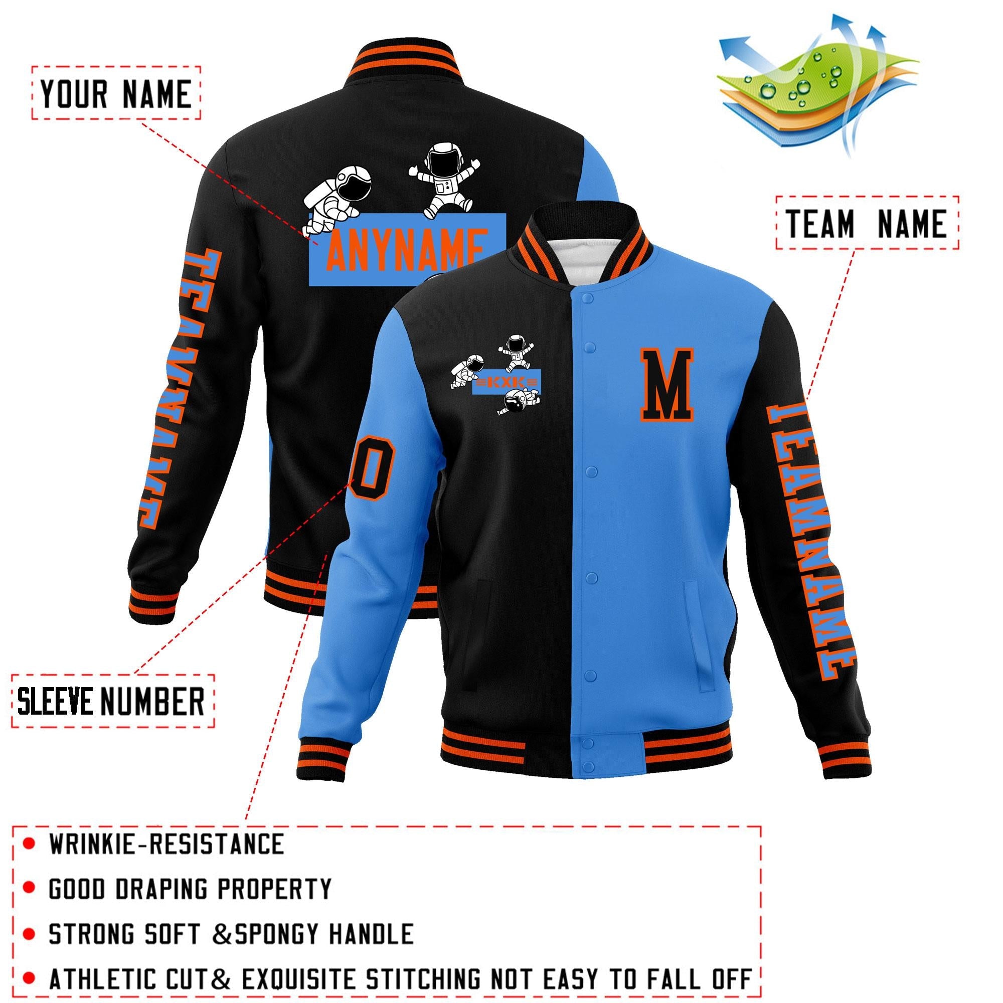 Custom Black Powder Blue Two Tone Split Fashion Varsity Letterman Jacket with Raglan Sleeves