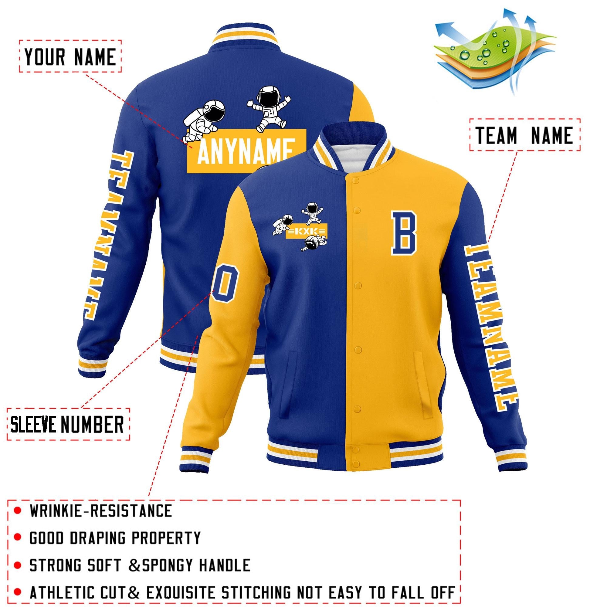 Custom Royal Gold Two Tone Split Fashion Varsity Letterman Jacket with Raglan Sleeves