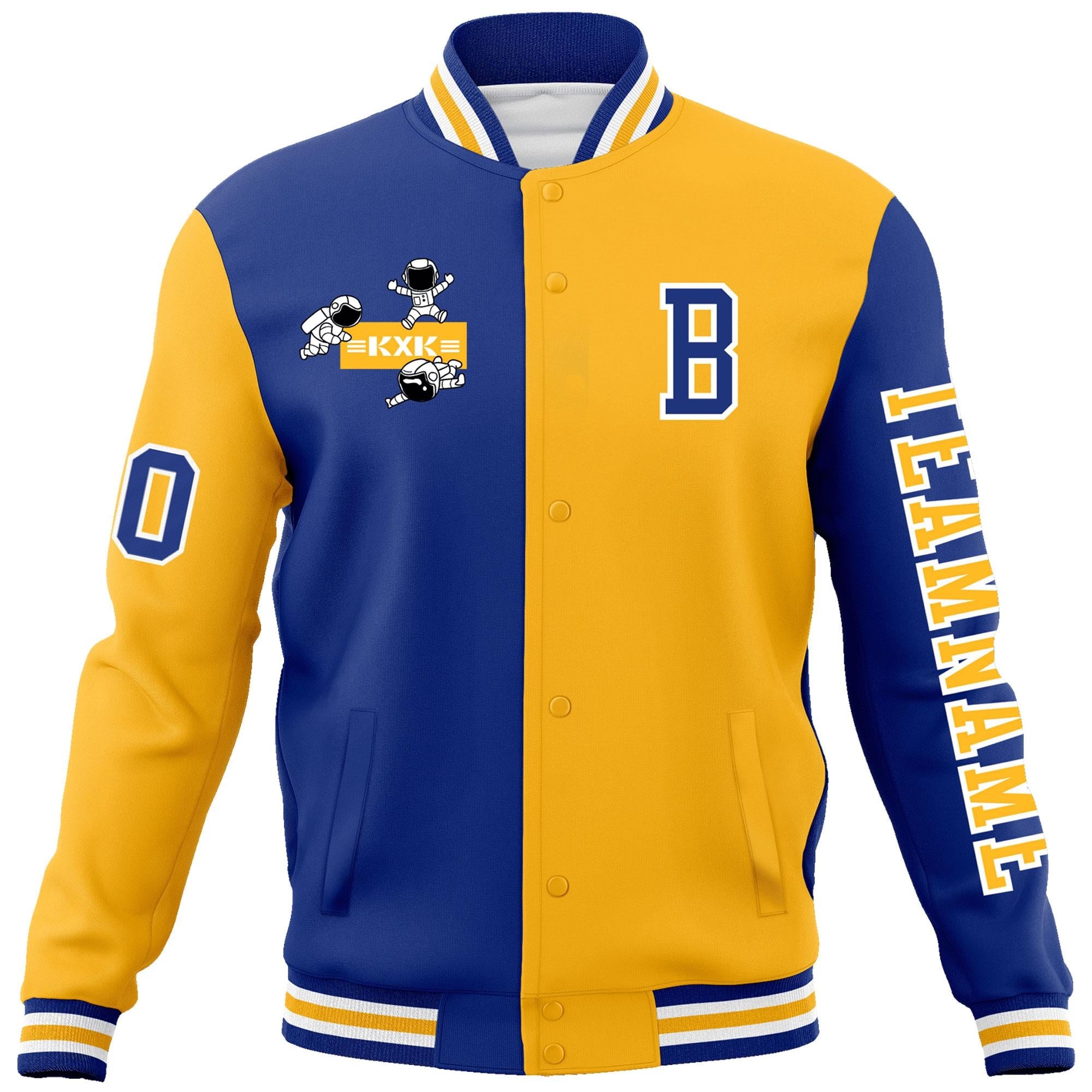 Custom Royal Gold Two Tone Split Fashion Varsity Letterman Jacket with Raglan Sleeves