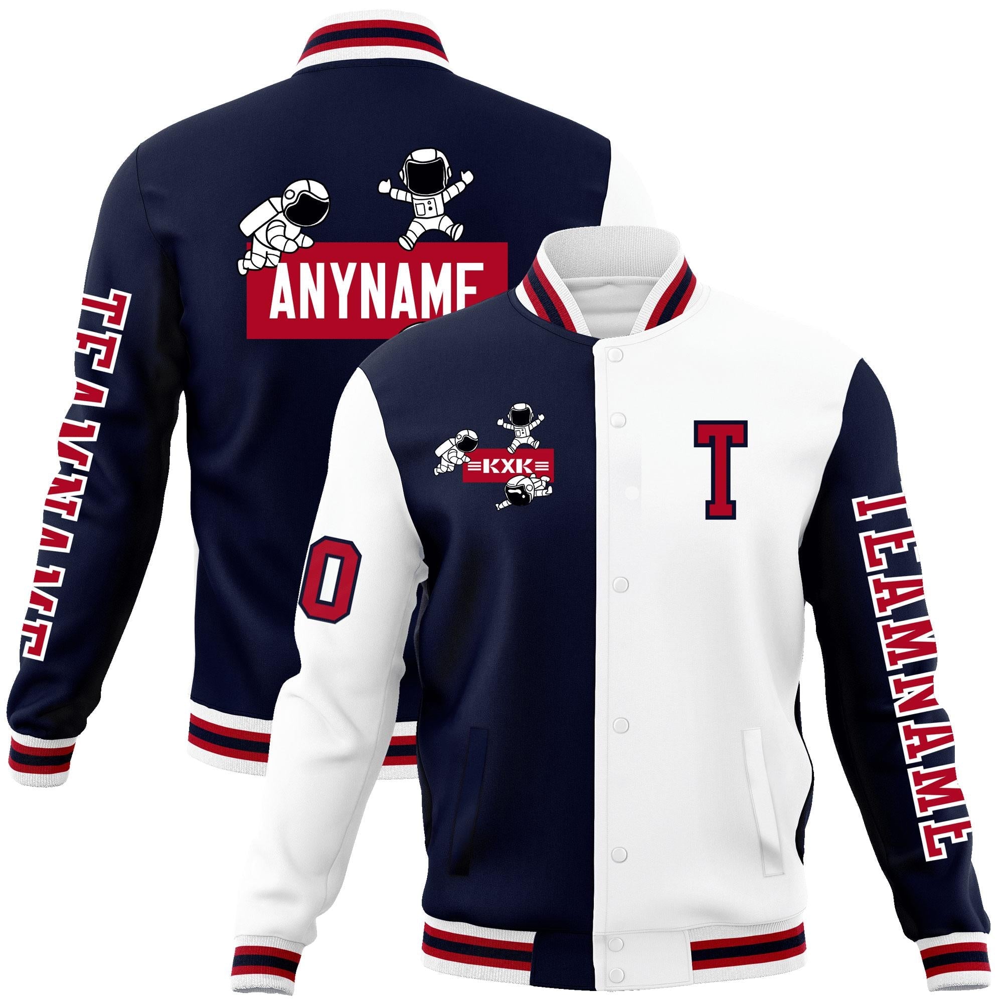 Custom Navy White Two Tone Split Fashion Varsity Letterman Jacket with Raglan Sleeves