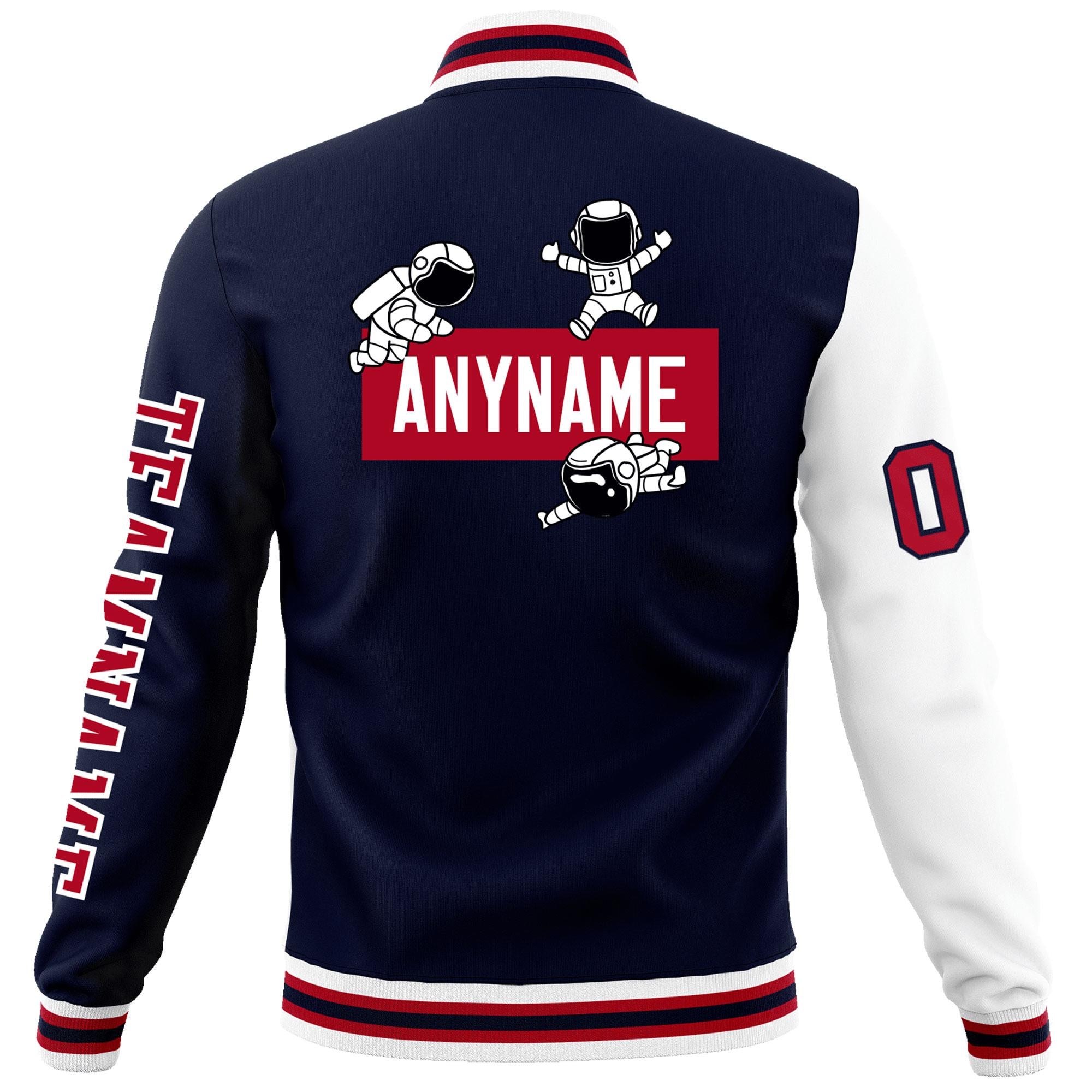 Custom Navy White Two Tone Split Fashion Varsity Letterman Jacket with Raglan Sleeves