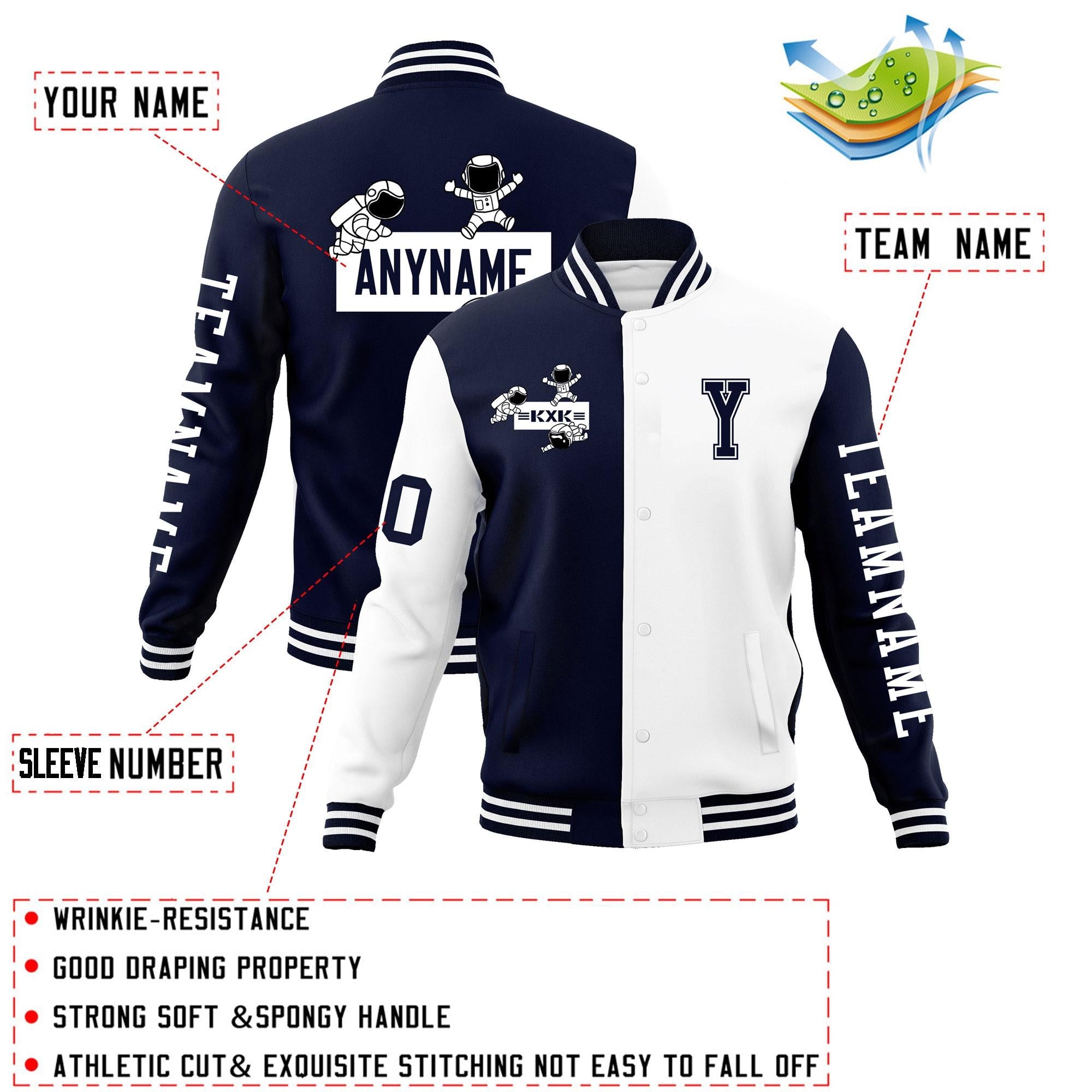 Custom Navy White Two Tone Split Fashion Varsity Letterman Jacket with Raglan Sleeves