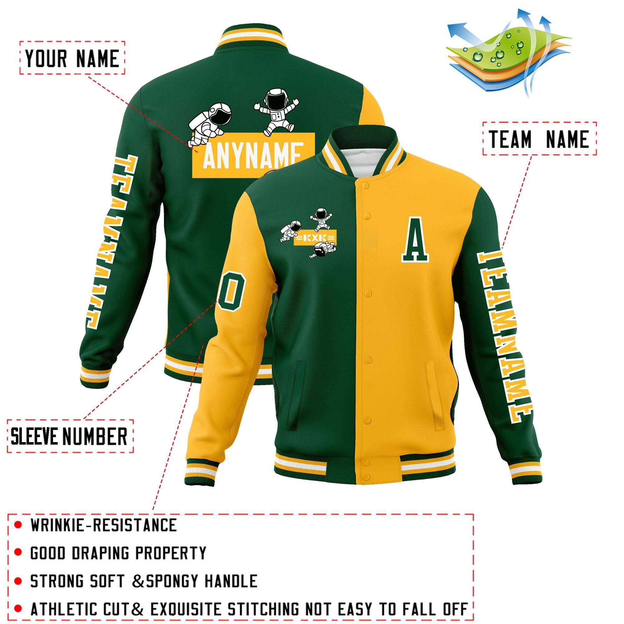 Custom Green Gold Two Tone Split Fashion Varsity Letterman Jacket with Raglan Sleeves