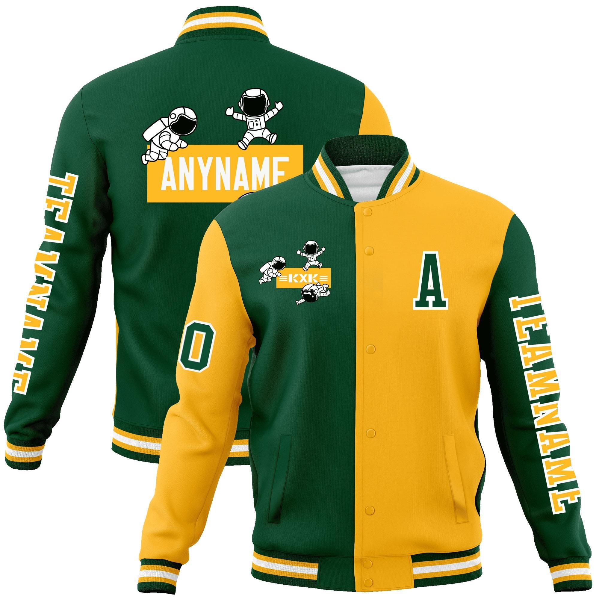 Custom Green Gold Two Tone Split Fashion Varsity Letterman Jacket with Raglan Sleeves