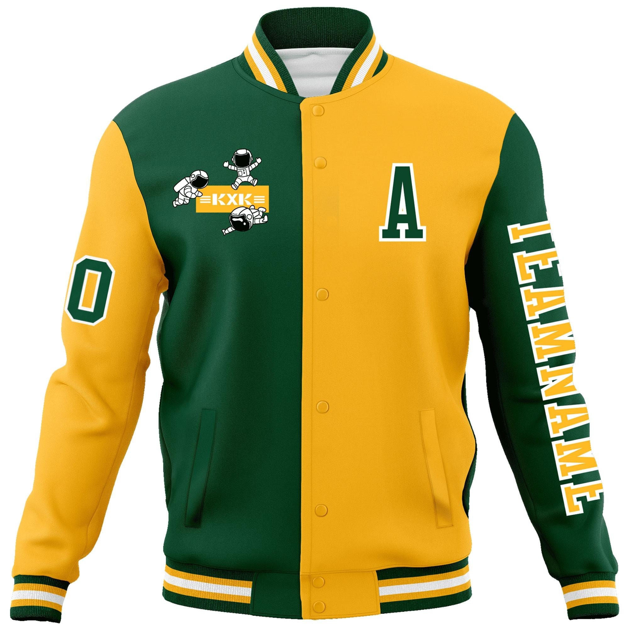 Custom Green Gold Two Tone Split Fashion Varsity Letterman Jacket with Raglan Sleeves