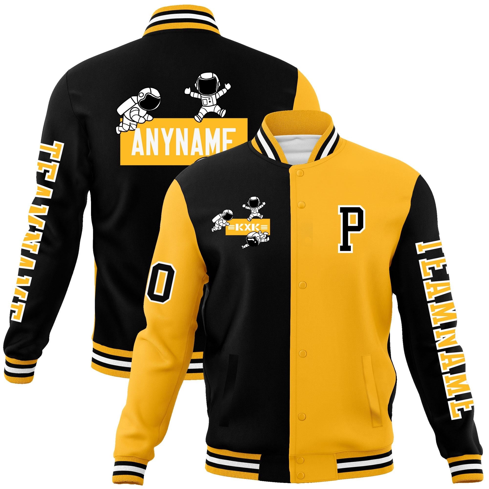 Custom Black Gold Two Tone Split Fashion Varsity Letterman Jacket with Raglan Sleeves