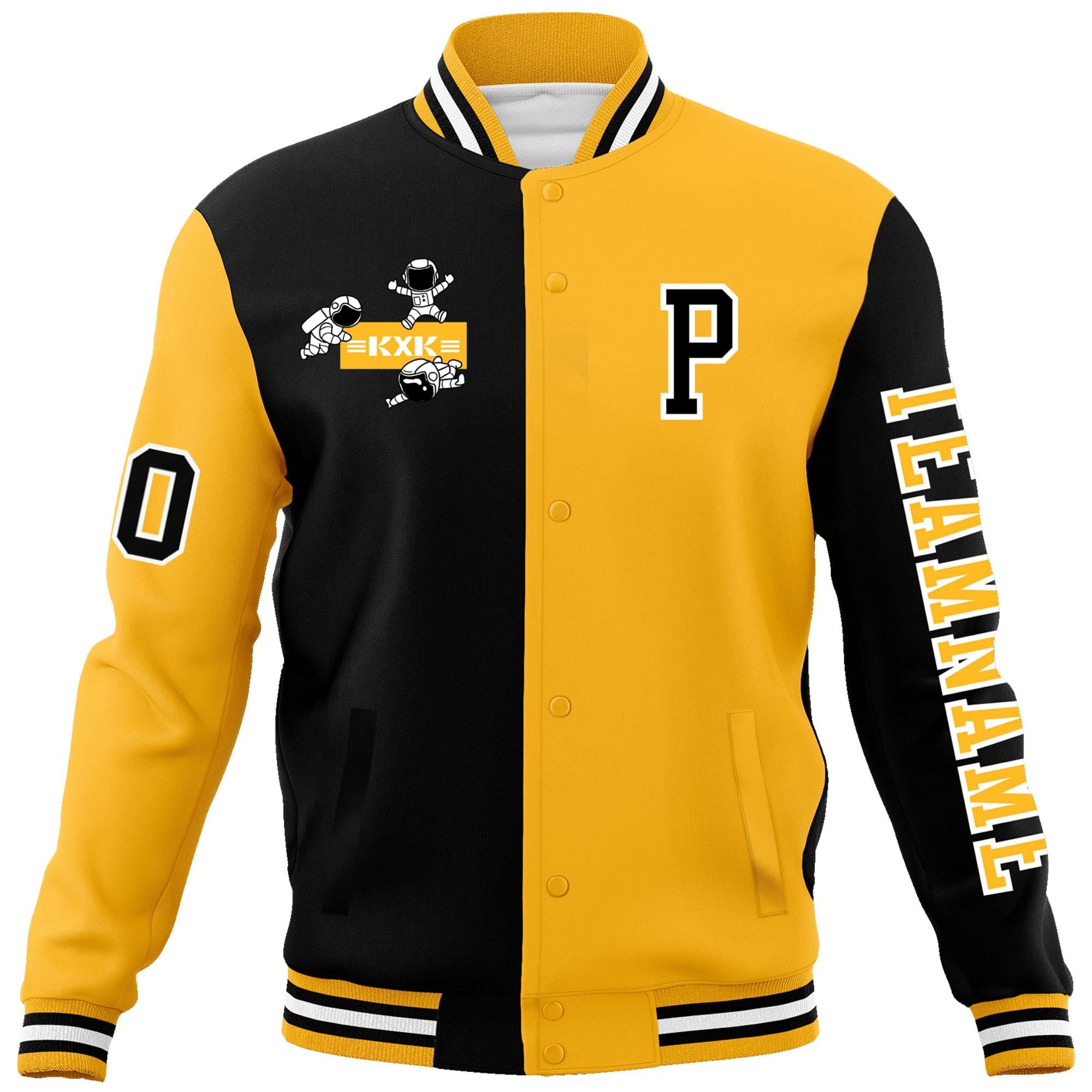 Custom Black Gold Two Tone Split Fashion Varsity Letterman Jacket with Raglan Sleeves