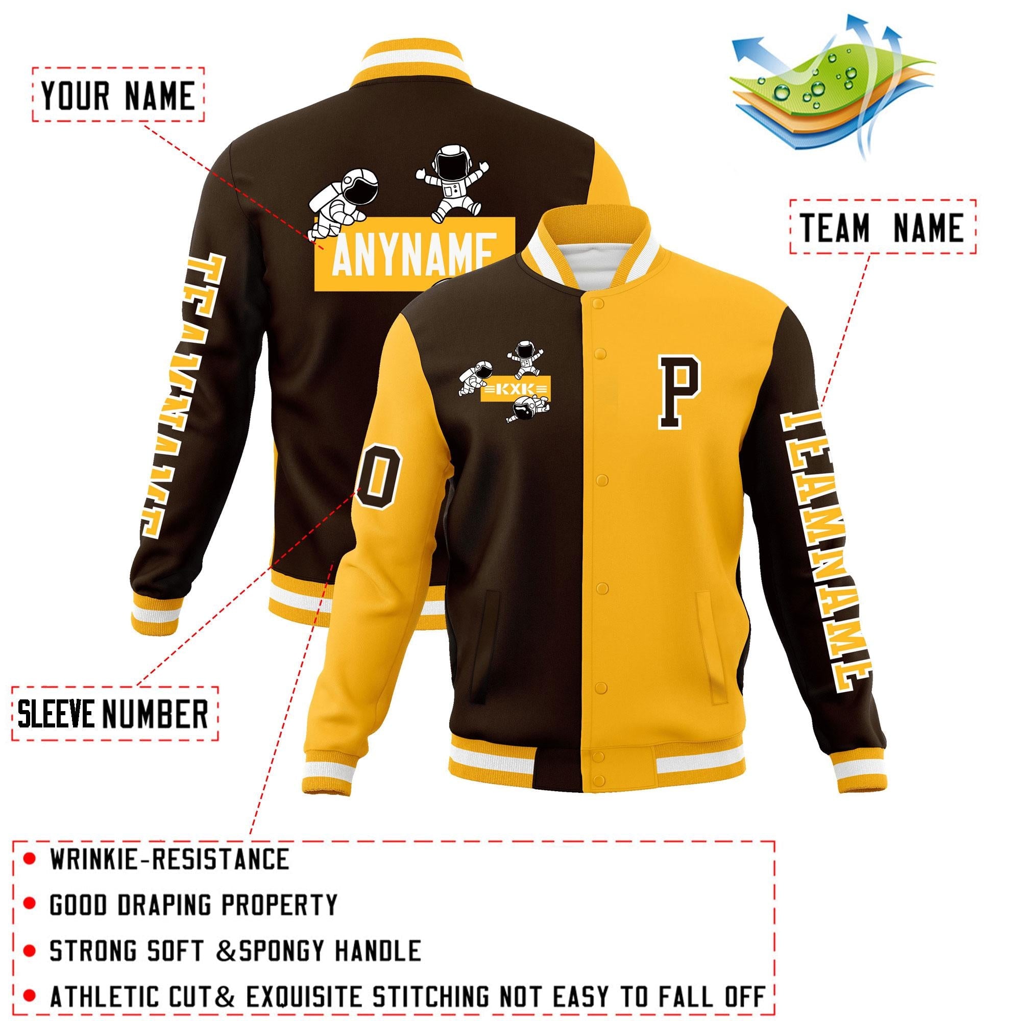 Custom Brown Gold Two Tone Split Fashion Varsity Letterman Jacket with Raglan Sleeves