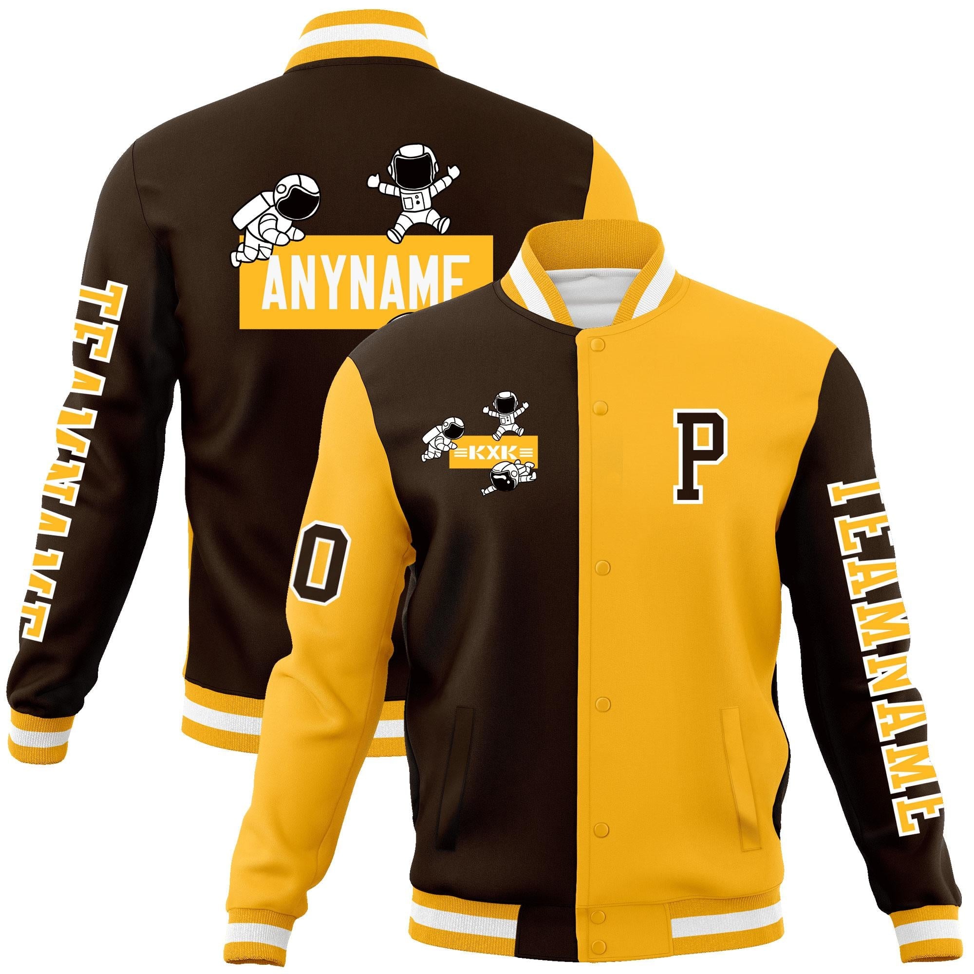 Custom Brown Gold Two Tone Split Fashion Varsity Letterman Jacket with Raglan Sleeves