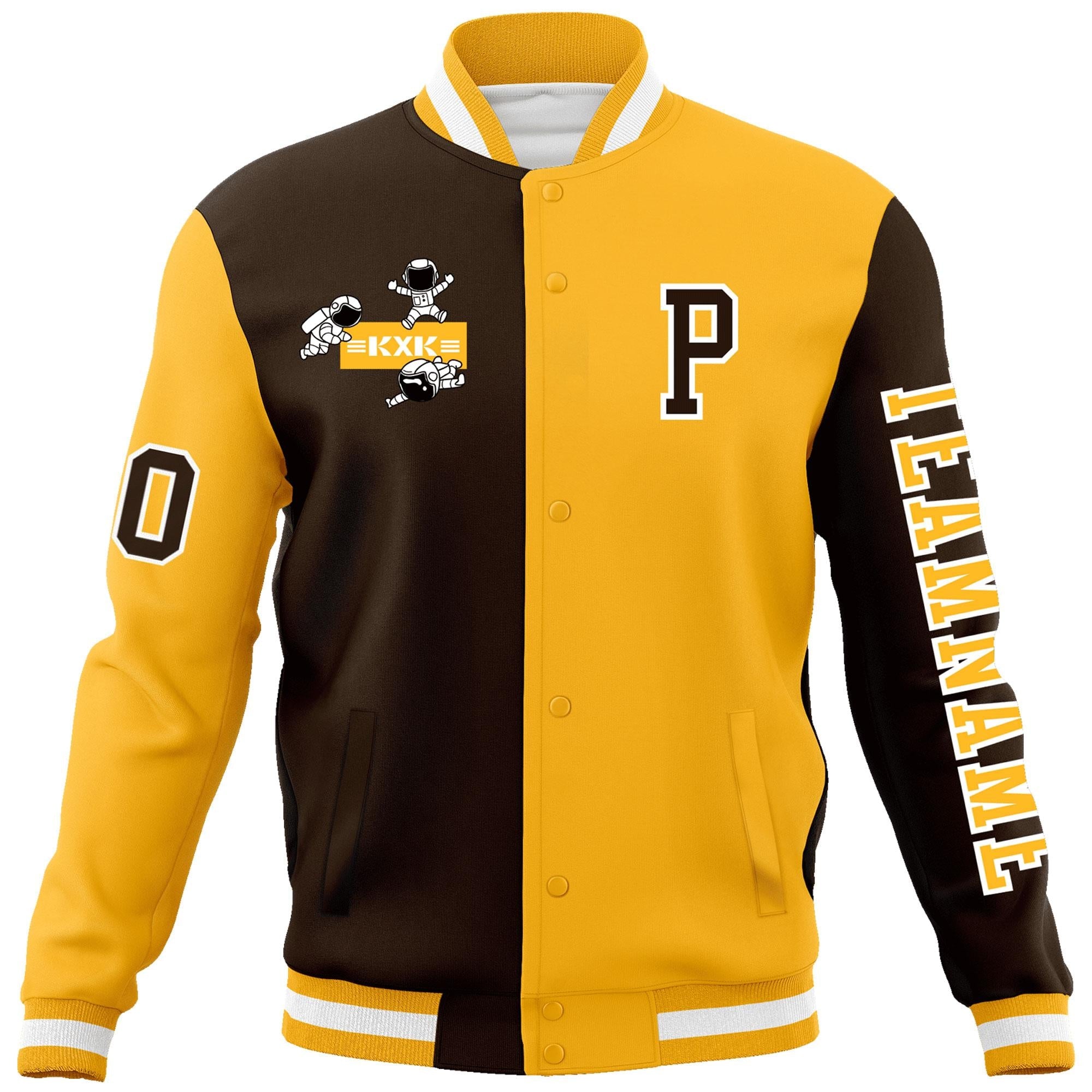 Custom Brown Gold Two Tone Split Fashion Varsity Letterman Jacket with Raglan Sleeves