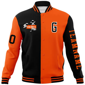 Custom Black Orange Two Tone Split Fashion Varsity Letterman Jacket with Raglan Sleeves