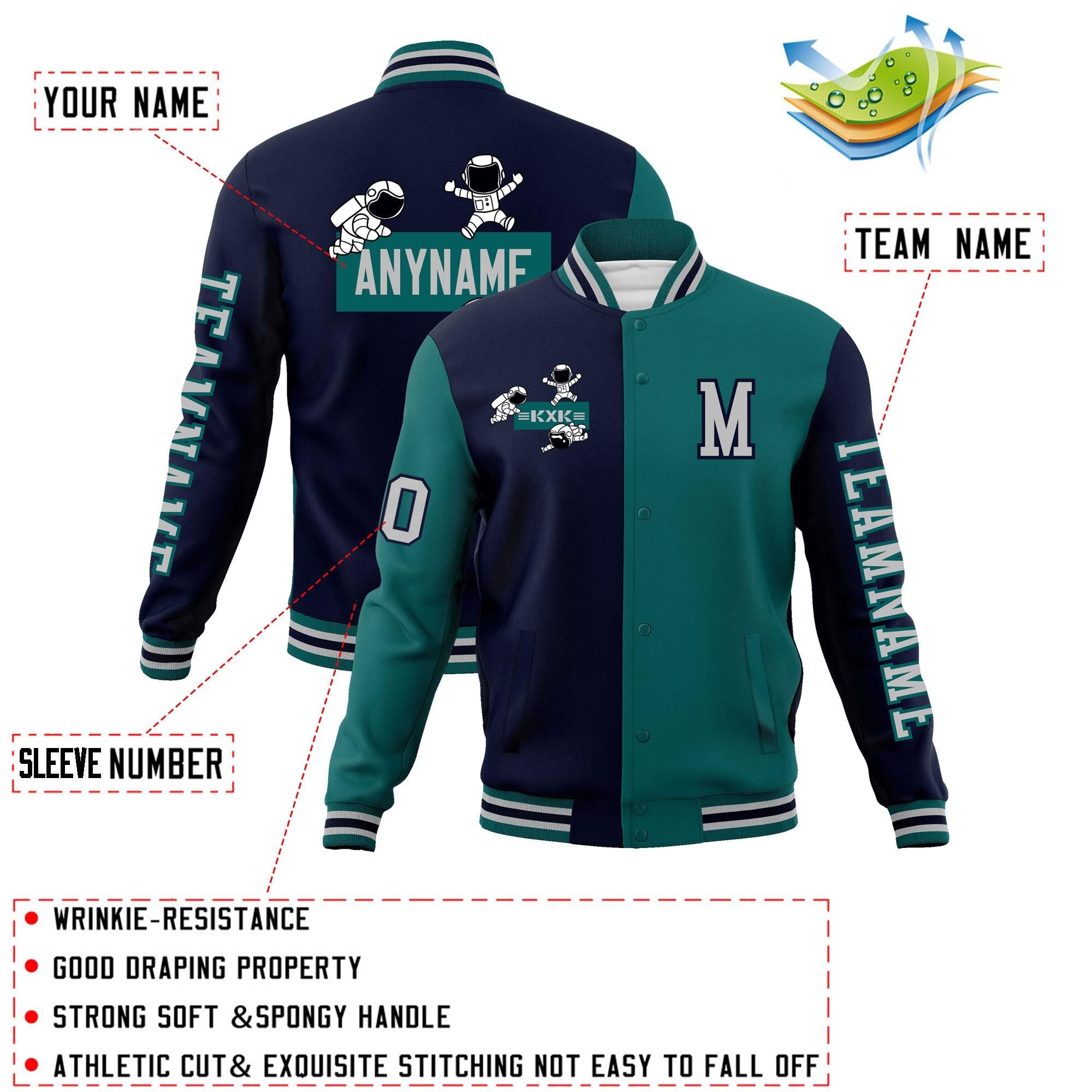 Custom Navy Aqua Two Tone Split Fashion Varsity Letterman Jacket with Raglan Sleeves