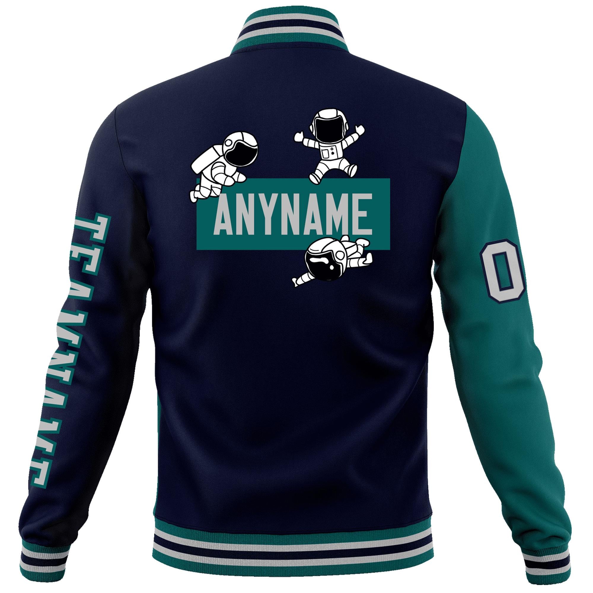 Custom Navy Aqua Two Tone Split Fashion Varsity Letterman Jacket with Raglan Sleeves