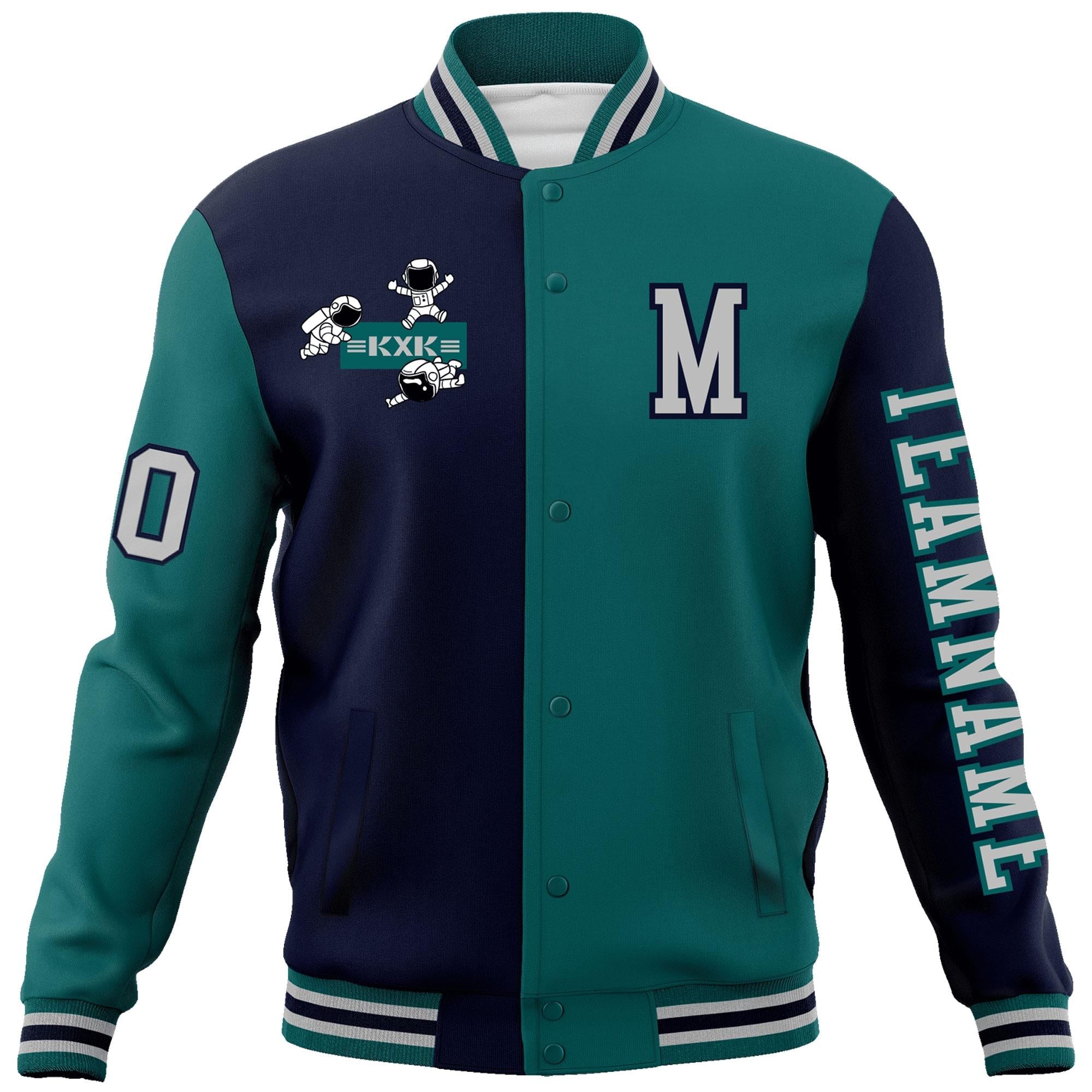 Custom Navy Aqua Two Tone Split Fashion Varsity Letterman Jacket with Raglan Sleeves