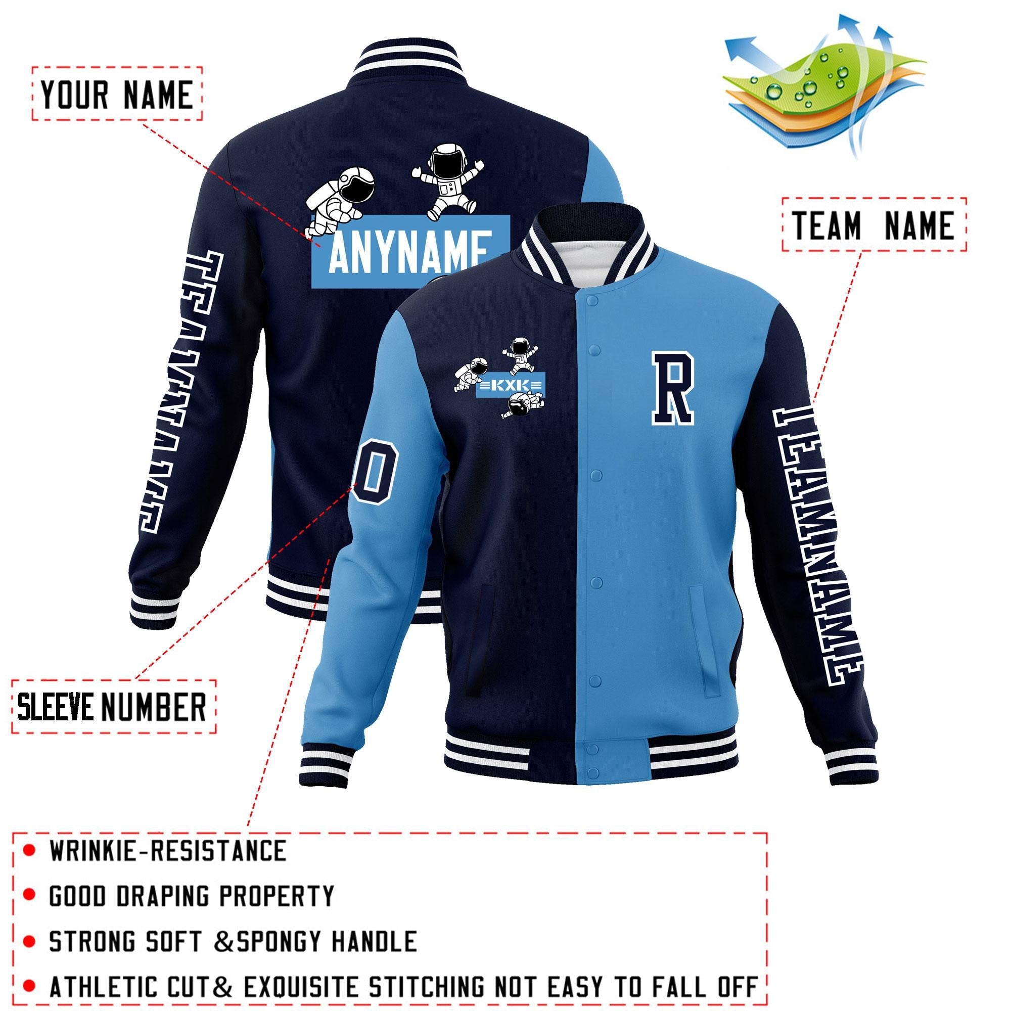 Custom Navy Light Blue Two Tone Split Fashion Varsity Letterman Jacket with Raglan Sleeves