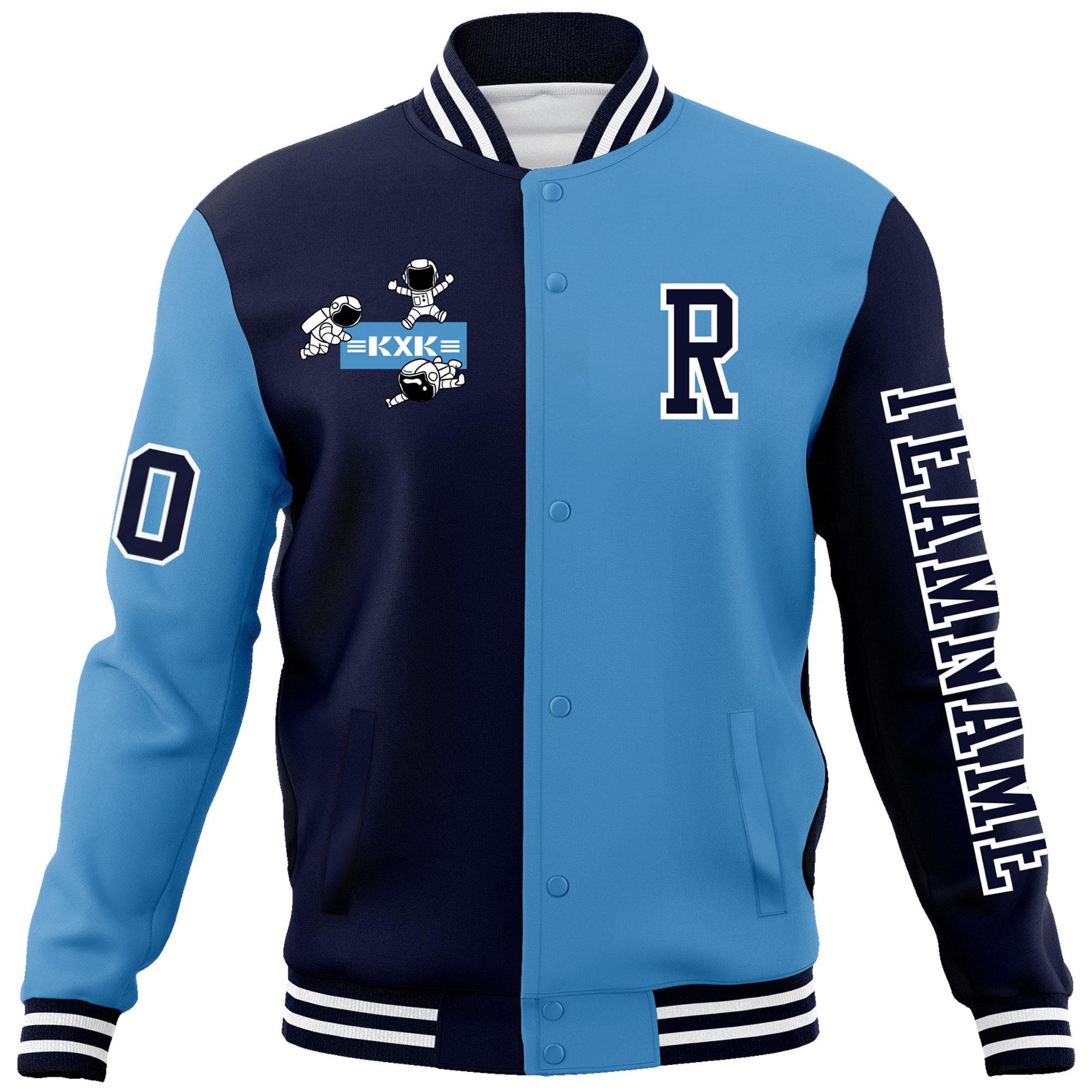 Custom Navy Light Blue Two Tone Split Fashion Varsity Letterman Jacket with Raglan Sleeves