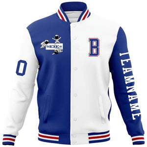 Custom Royal White Two Tone Split Fashion Varsity Letterman Jacket with Raglan Sleeves