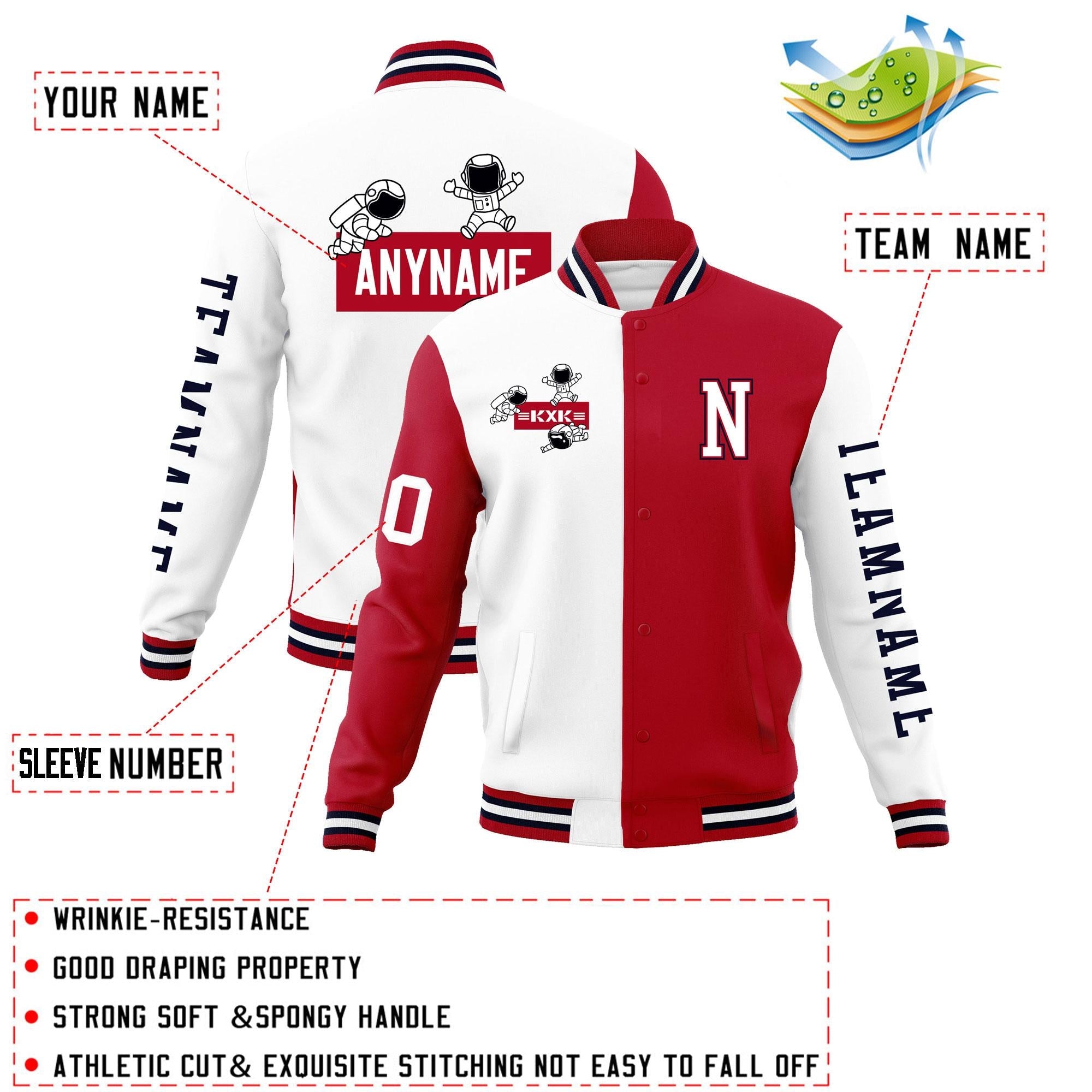 Custom White Red Two Tone Split Fashion Varsity Letterman Jacket with Raglan Sleeves