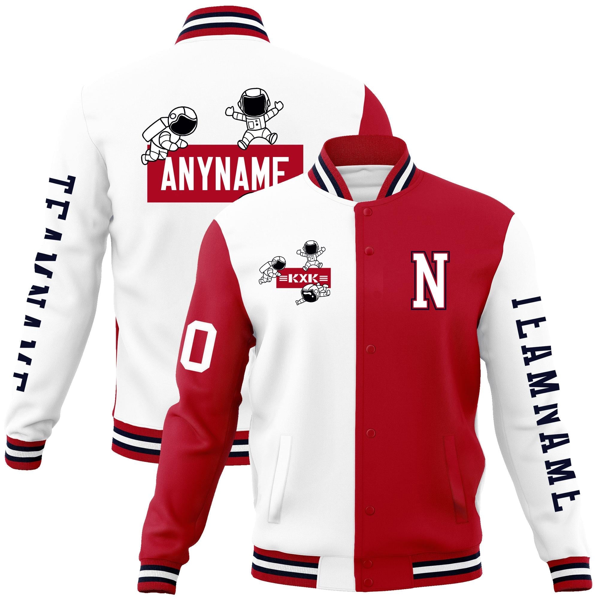 Custom White Red Two Tone Split Fashion Varsity Letterman Jacket with Raglan Sleeves