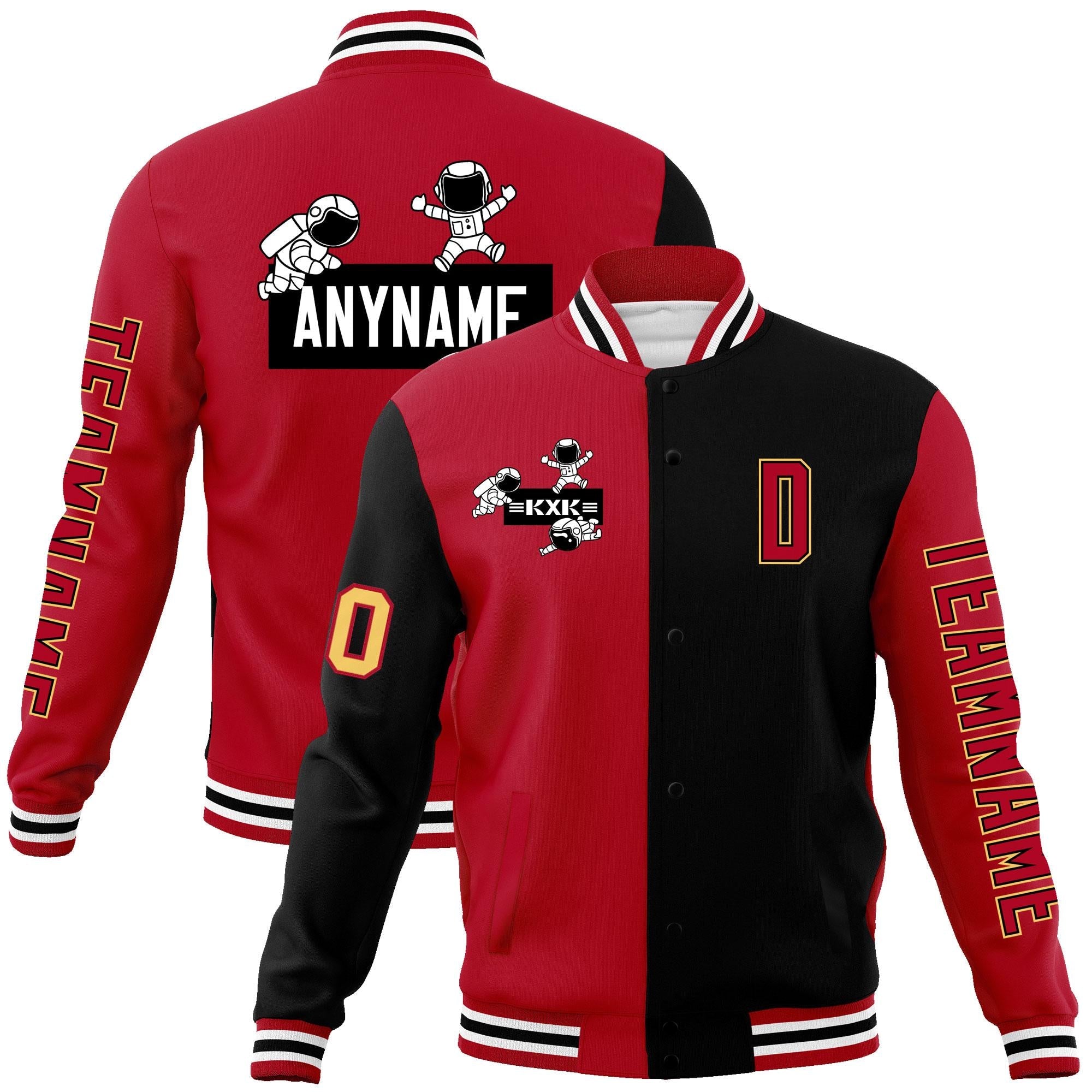 Custom Red Black Two Tone Split Fashion Varsity Letterman Jacket with Raglan Sleeves