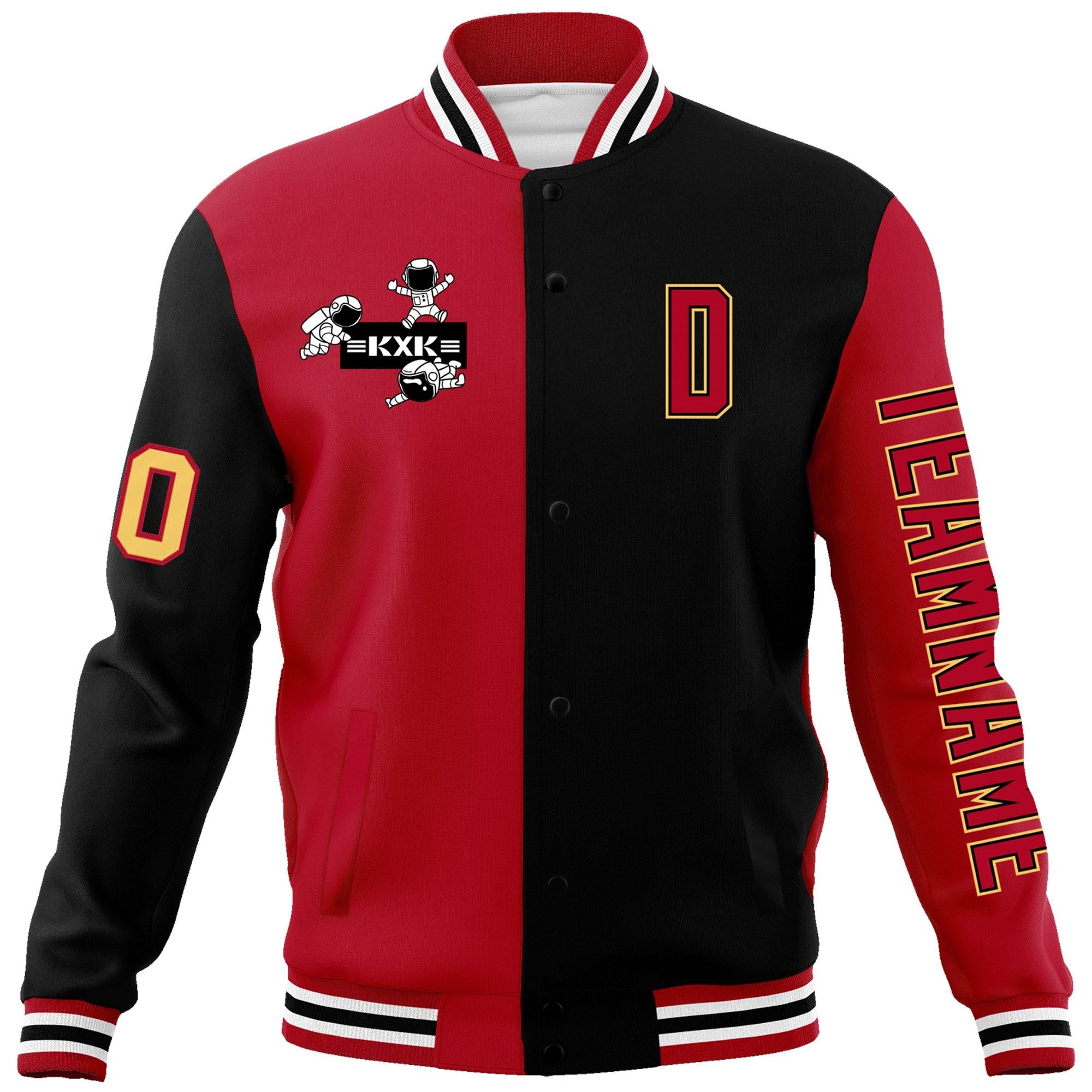 Custom Red Black Two Tone Split Fashion Varsity Letterman Jacket with Raglan Sleeves