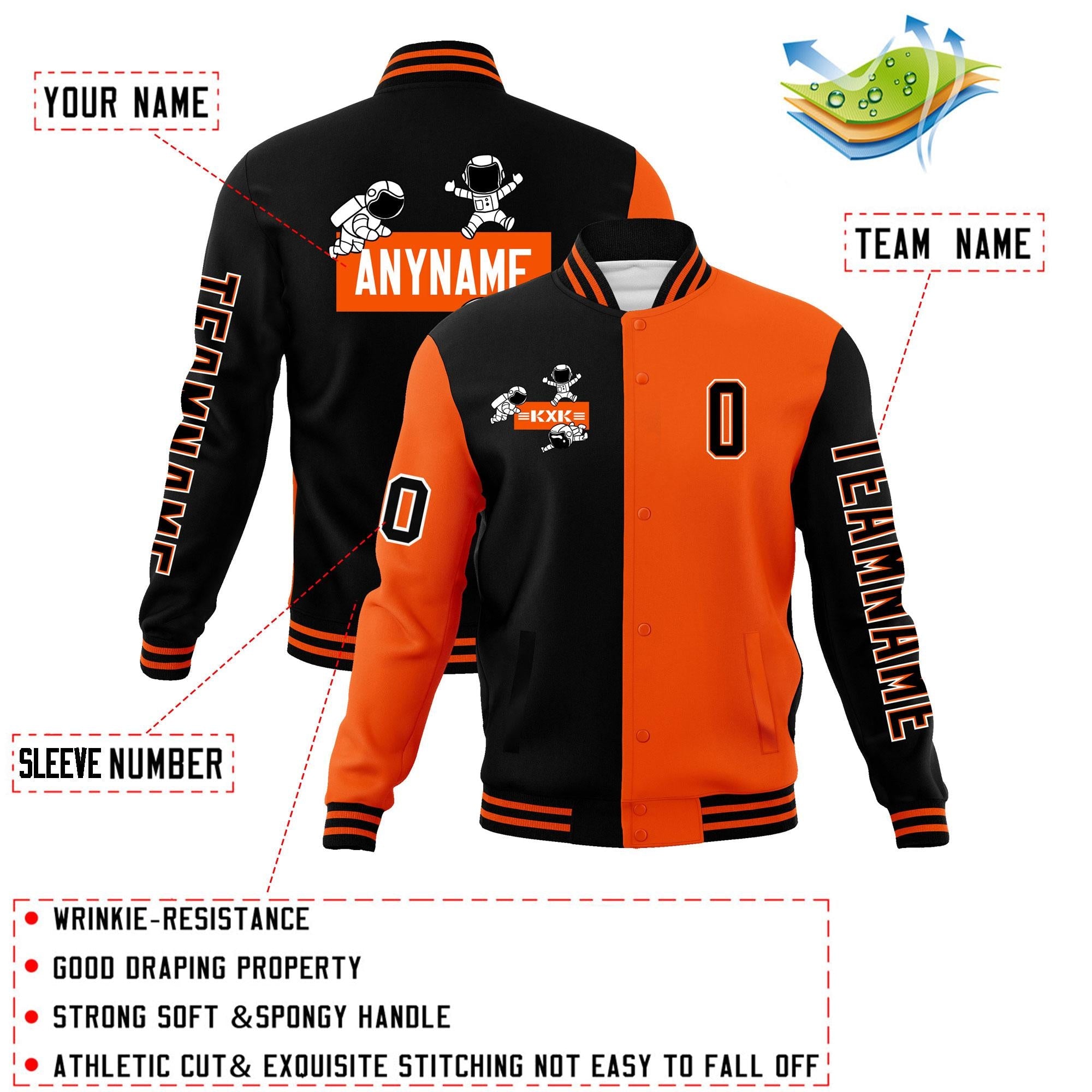 Custom Black Orange Two Tone Split Fashion Varsity Letterman Jacket with Raglan Sleeves