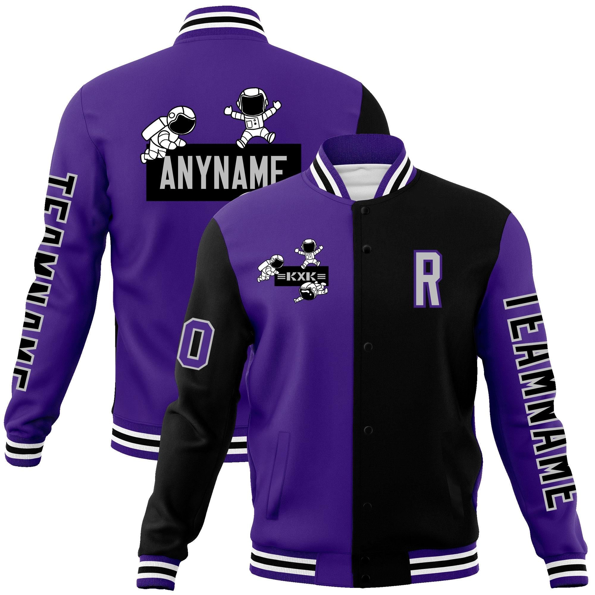 Custom Purple Black Two Tone Split Fashion Varsity Letterman Jacket with Raglan Sleeves