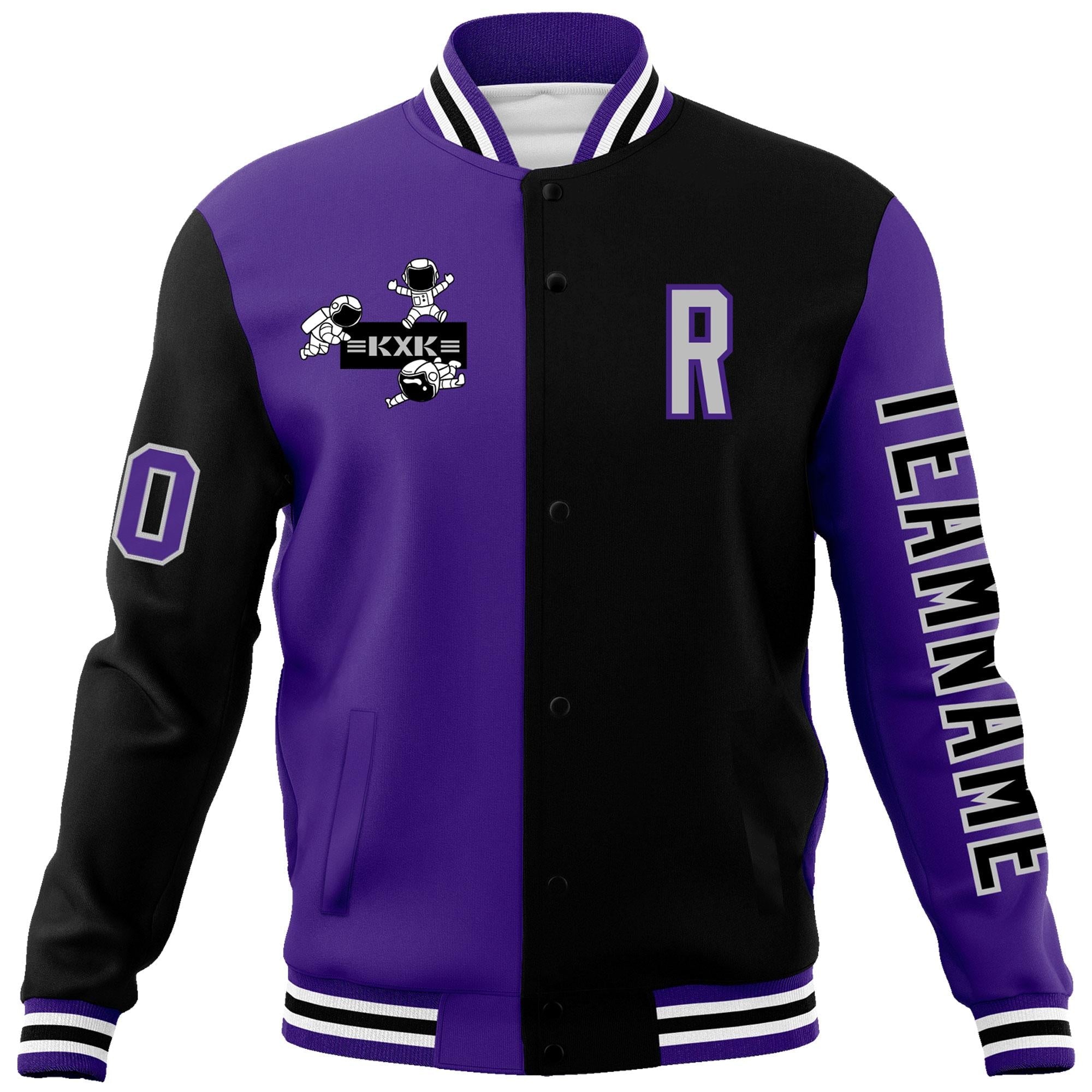 Custom Purple Black Two Tone Split Fashion Varsity Letterman Jacket with Raglan Sleeves